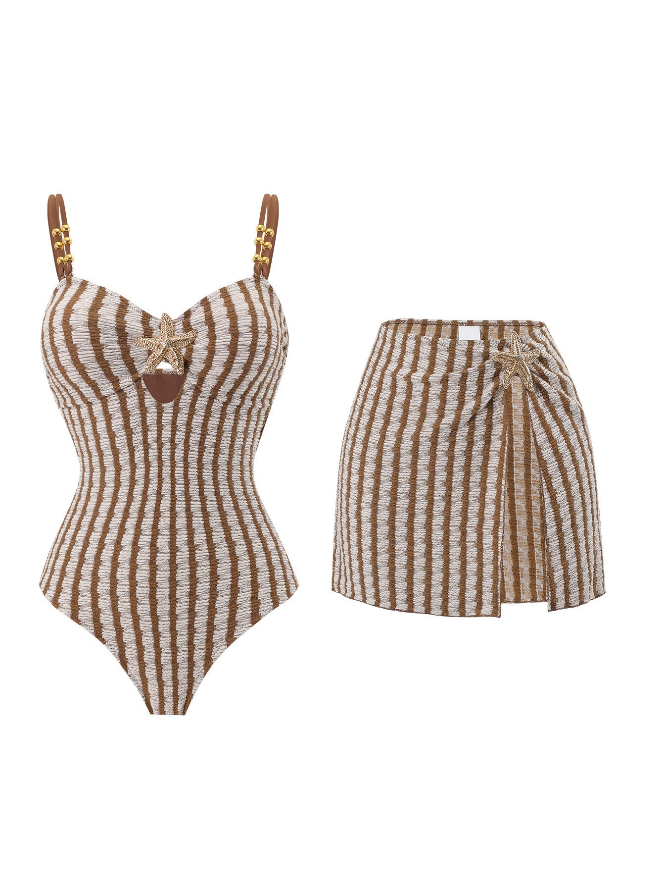 (image for) Women Brown Stripe Textured One Piece Swimsuit with Wrap Mini Skirt 2 Piece Boho Bohemian Starfish Detail Beach Swimwear Set