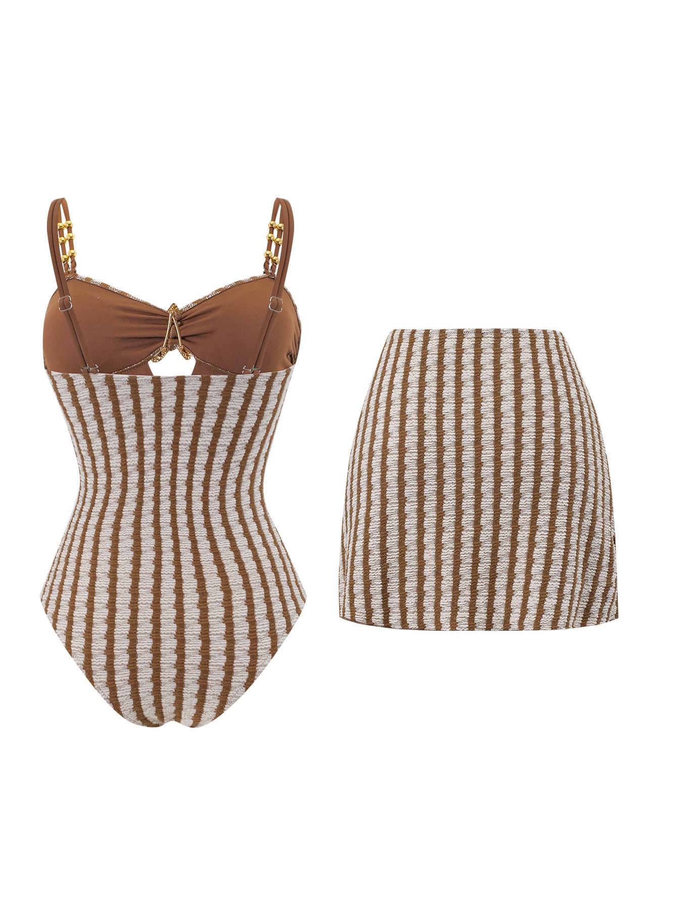 (image for) Women Brown Stripe Textured One Piece Swimsuit with Wrap Mini Skirt 2 Piece Boho Bohemian Starfish Detail Beach Swimwear Set