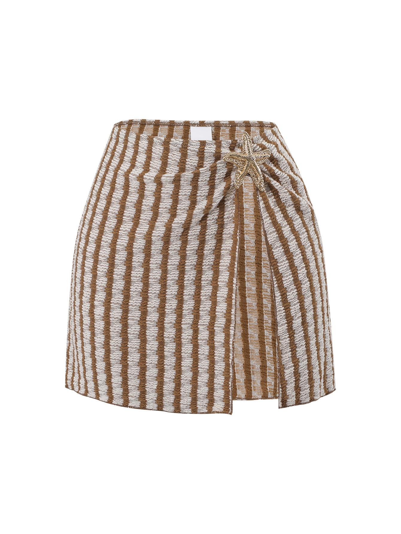 (image for) Women Brown Stripe Textured One Piece Swimsuit with Wrap Mini Skirt 2 Piece Boho Bohemian Starfish Detail Beach Swimwear Set