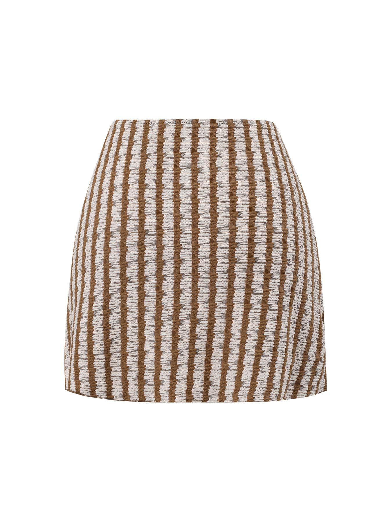 (image for) Women Brown Stripe Textured One Piece Swimsuit with Wrap Mini Skirt 2 Piece Boho Bohemian Starfish Detail Beach Swimwear Set