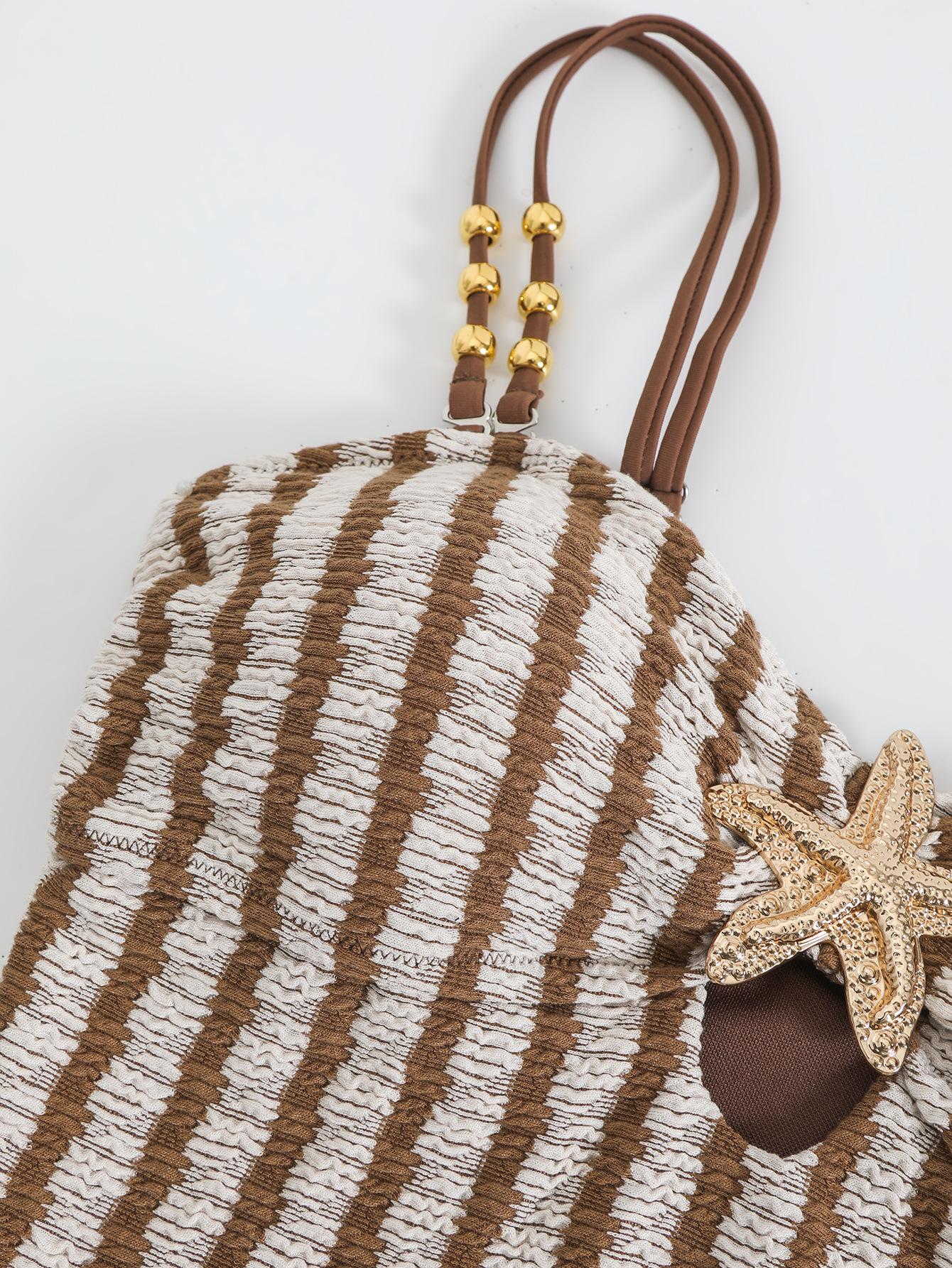 (image for) Women Brown Stripe Textured One Piece Swimsuit with Wrap Mini Skirt 2 Piece Boho Bohemian Starfish Detail Beach Swimwear Set