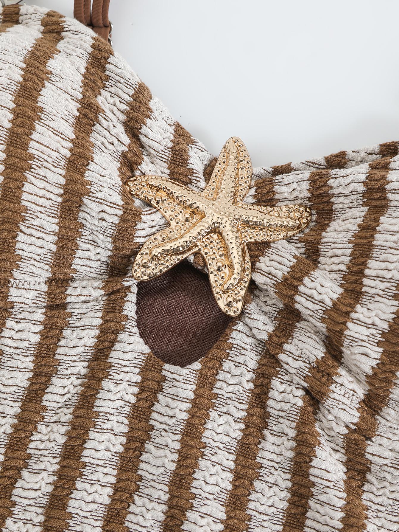 (image for) Women Brown Stripe Textured One Piece Swimsuit with Wrap Mini Skirt 2 Piece Boho Bohemian Starfish Detail Beach Swimwear Set
