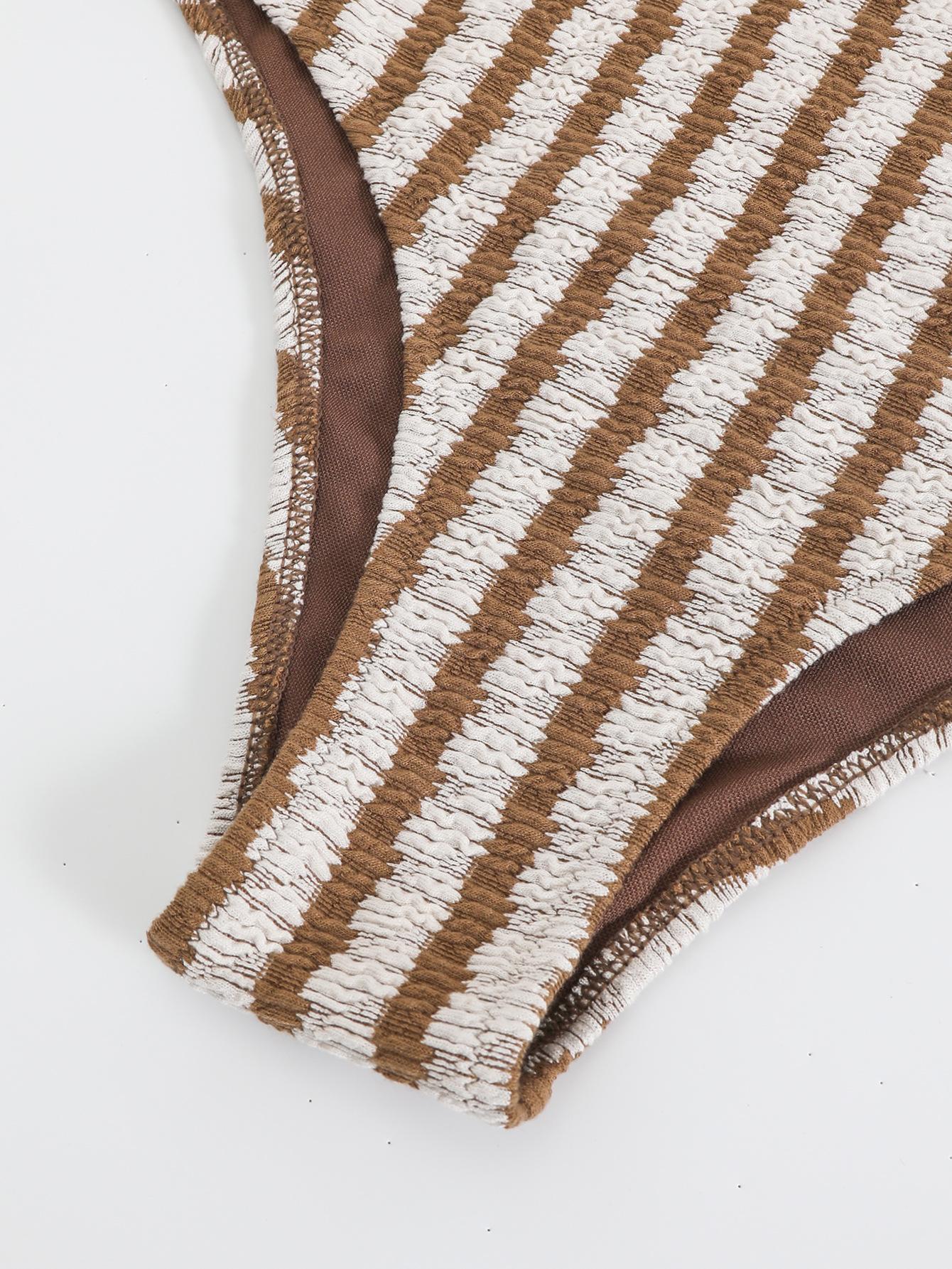 (image for) Women Brown Stripe Textured One Piece Swimsuit with Wrap Mini Skirt 2 Piece Boho Bohemian Starfish Detail Beach Swimwear Set