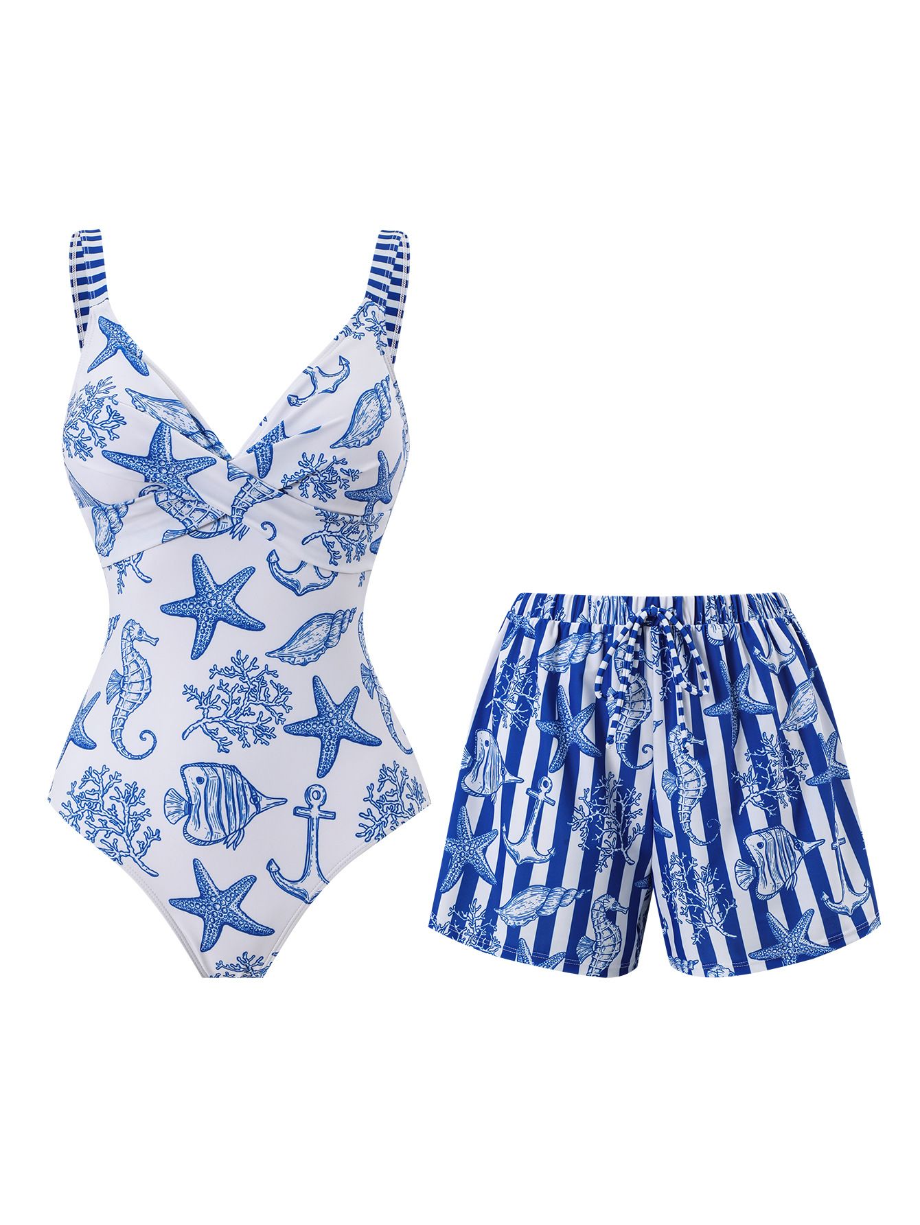 (image for) Women Blue White Marine Starfish Print V Neck One Piece Swimsuit with Matching Drawstring Board Shorts 2 Piece Premium Beach Vacation Hot Spring Swimwear Set