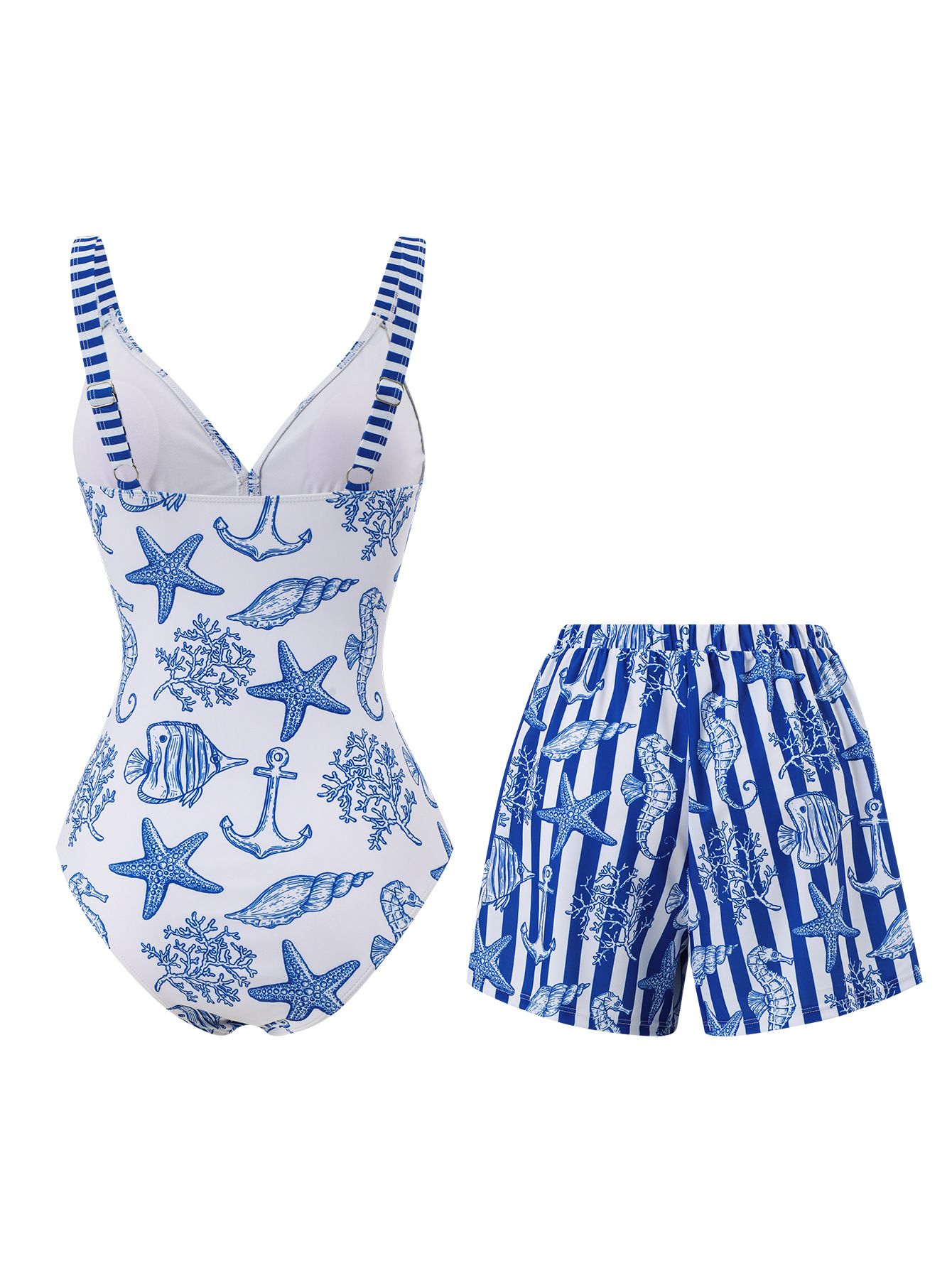 (image for) Women Blue White Marine Starfish Print V Neck One Piece Swimsuit with Matching Drawstring Board Shorts 2 Piece Premium Beach Vacation Hot Spring Swimwear Set