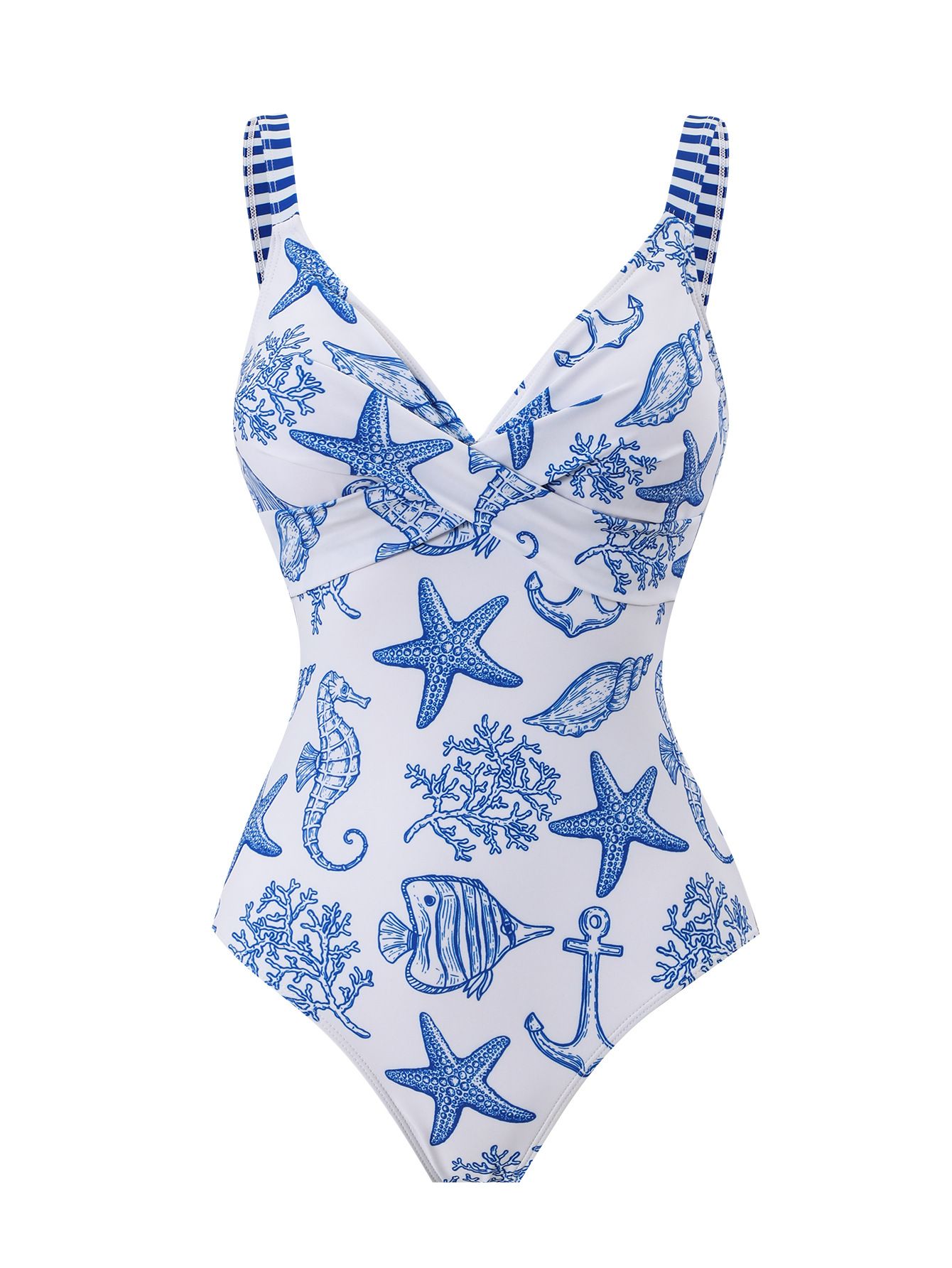 (image for) Women Blue White Marine Starfish Print V Neck One Piece Swimsuit with Matching Drawstring Board Shorts 2 Piece Premium Beach Vacation Hot Spring Swimwear Set