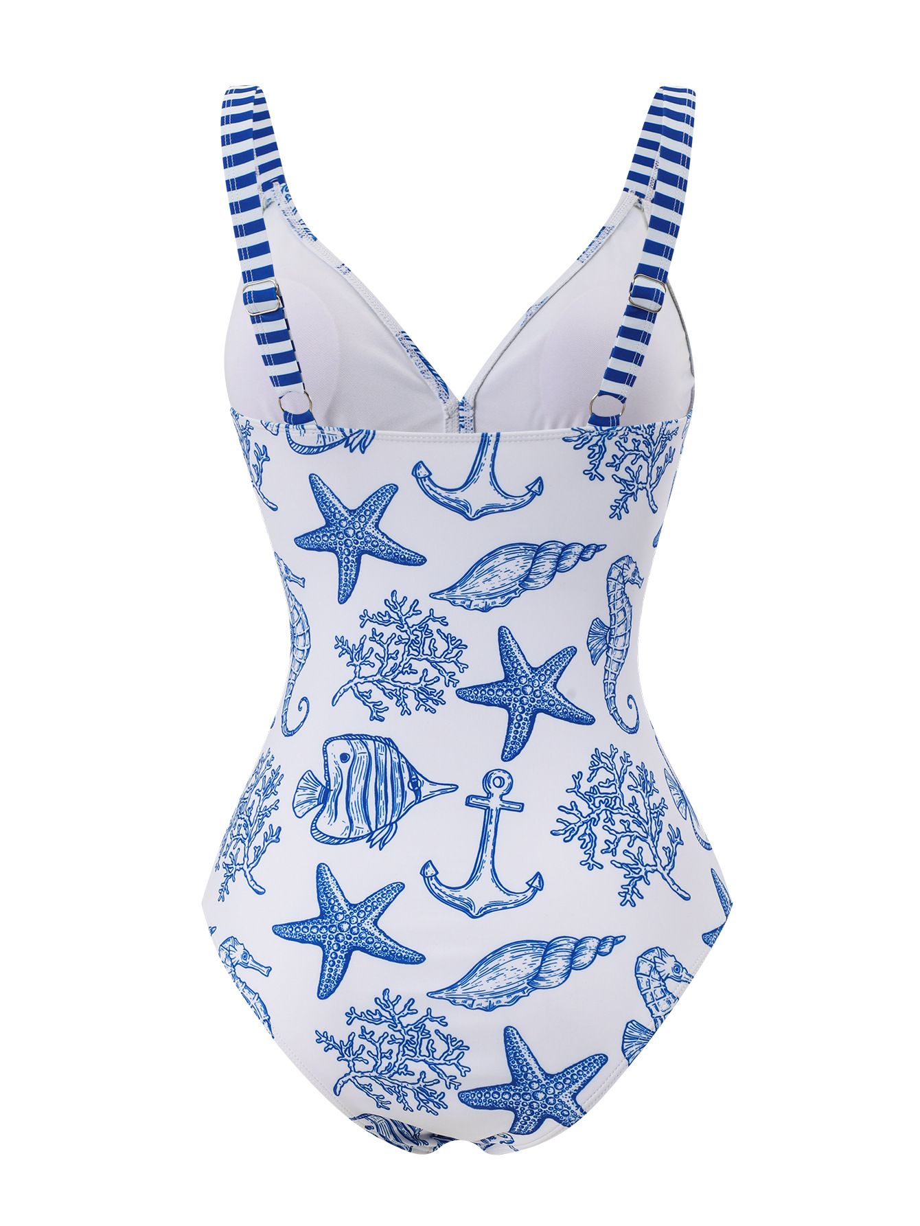 (image for) Women Blue White Marine Starfish Print V Neck One Piece Swimsuit with Matching Drawstring Board Shorts 2 Piece Premium Beach Vacation Hot Spring Swimwear Set