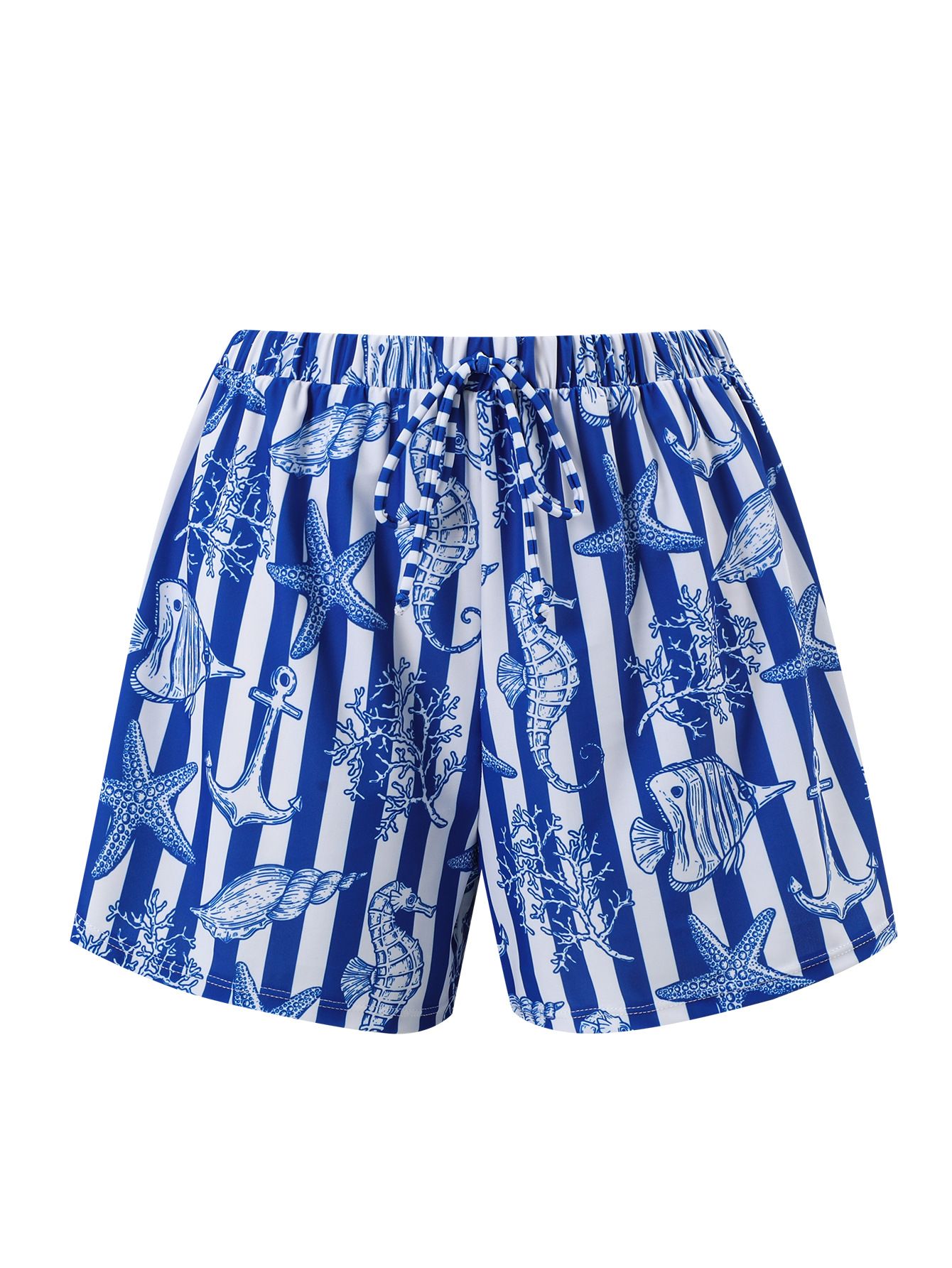(image for) Women Blue White Marine Starfish Print V Neck One Piece Swimsuit with Matching Drawstring Board Shorts 2 Piece Premium Beach Vacation Hot Spring Swimwear Set