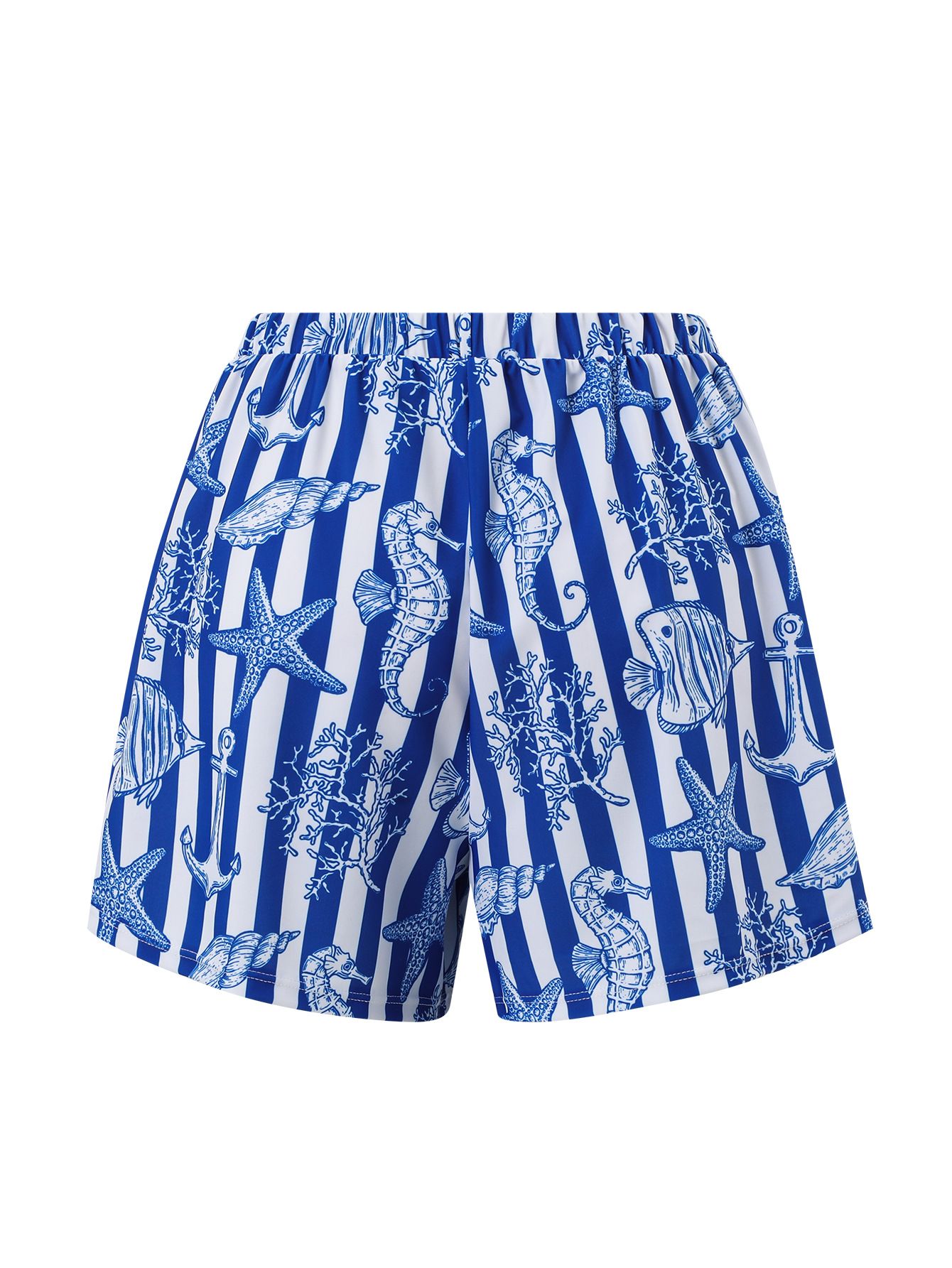 (image for) Women Blue White Marine Starfish Print V Neck One Piece Swimsuit with Matching Drawstring Board Shorts 2 Piece Premium Beach Vacation Hot Spring Swimwear Set