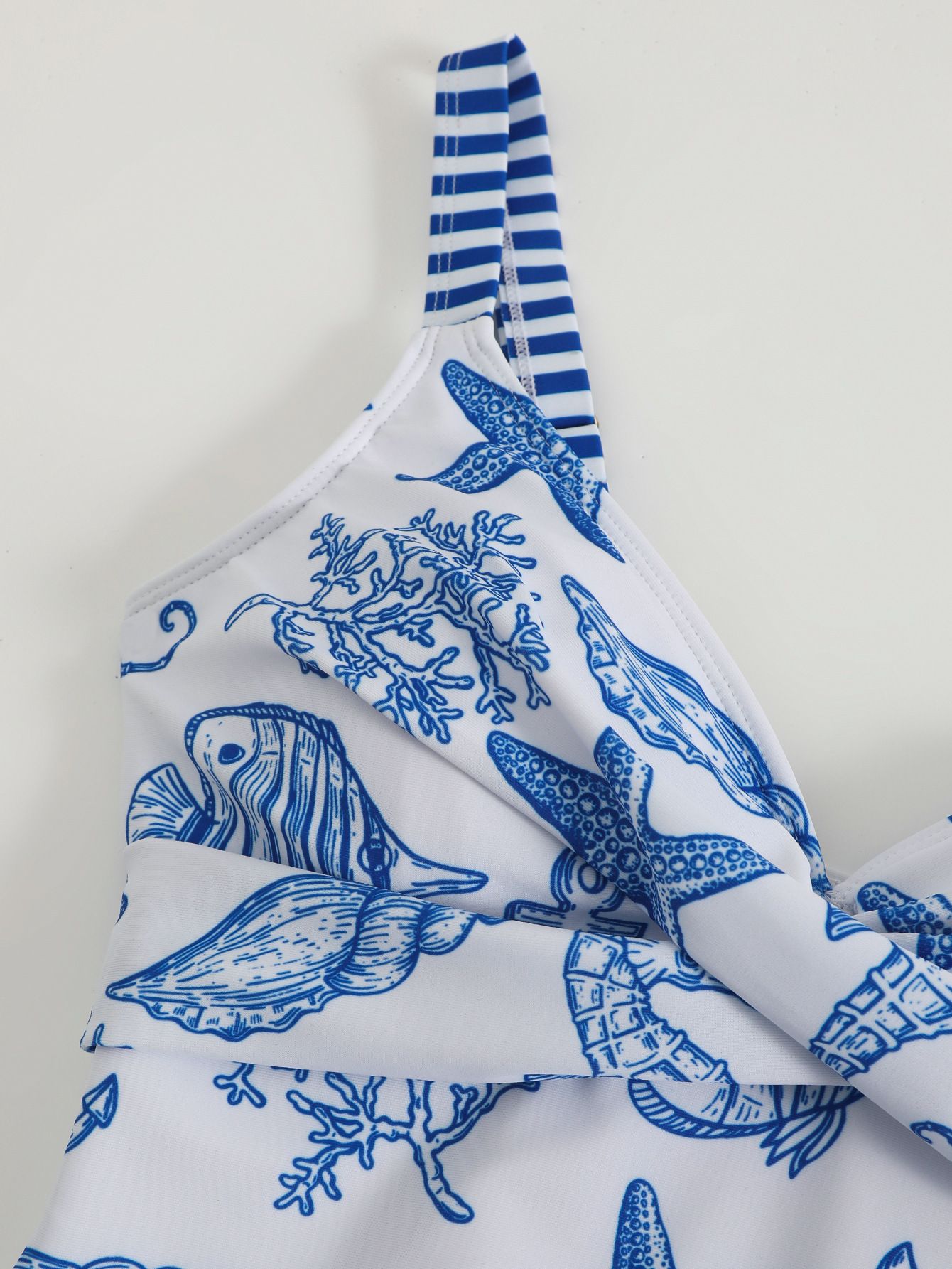 (image for) Women Blue White Marine Starfish Print V Neck One Piece Swimsuit with Matching Drawstring Board Shorts 2 Piece Premium Beach Vacation Hot Spring Swimwear Set