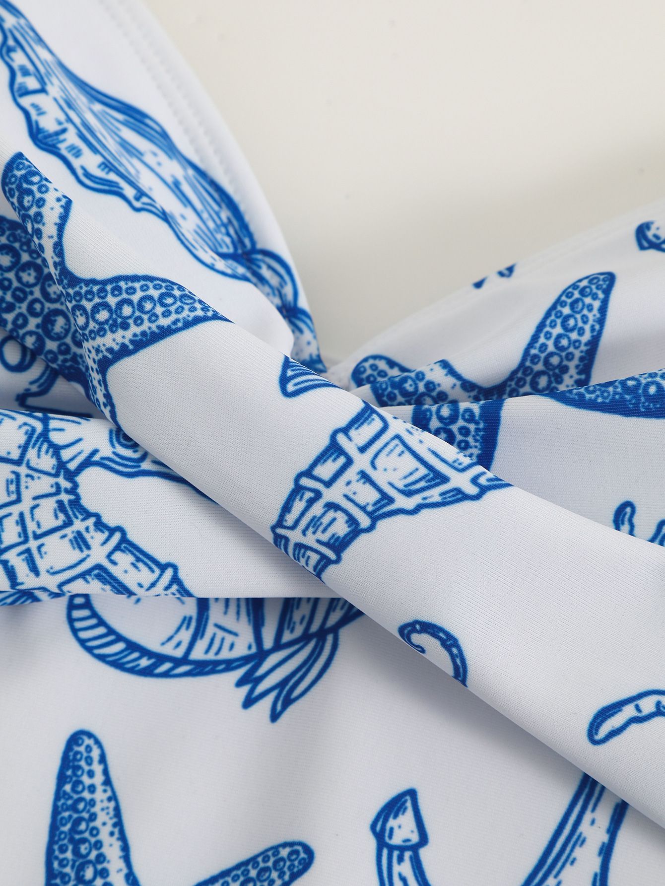 (image for) Women Blue White Marine Starfish Print V Neck One Piece Swimsuit with Matching Drawstring Board Shorts 2 Piece Premium Beach Vacation Hot Spring Swimwear Set