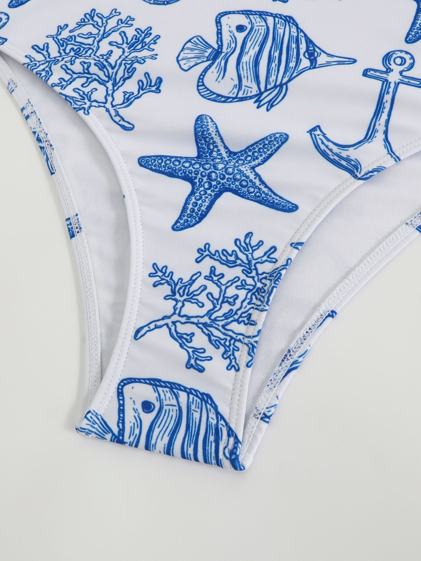 (image for) Women Blue White Marine Starfish Print V Neck One Piece Swimsuit with Matching Drawstring Board Shorts 2 Piece Premium Beach Vacation Hot Spring Swimwear Set