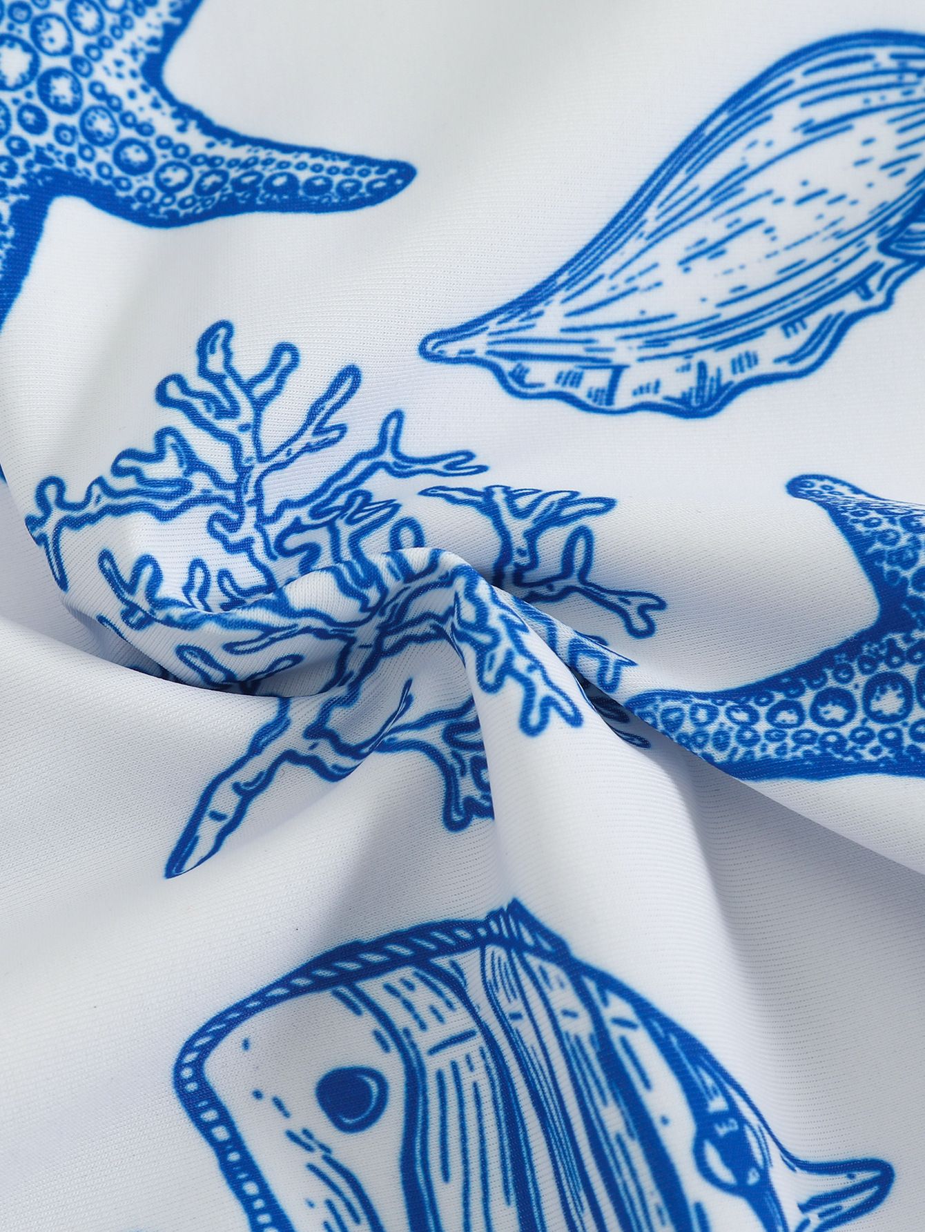 (image for) Women Blue White Marine Starfish Print V Neck One Piece Swimsuit with Matching Drawstring Board Shorts 2 Piece Premium Beach Vacation Hot Spring Swimwear Set