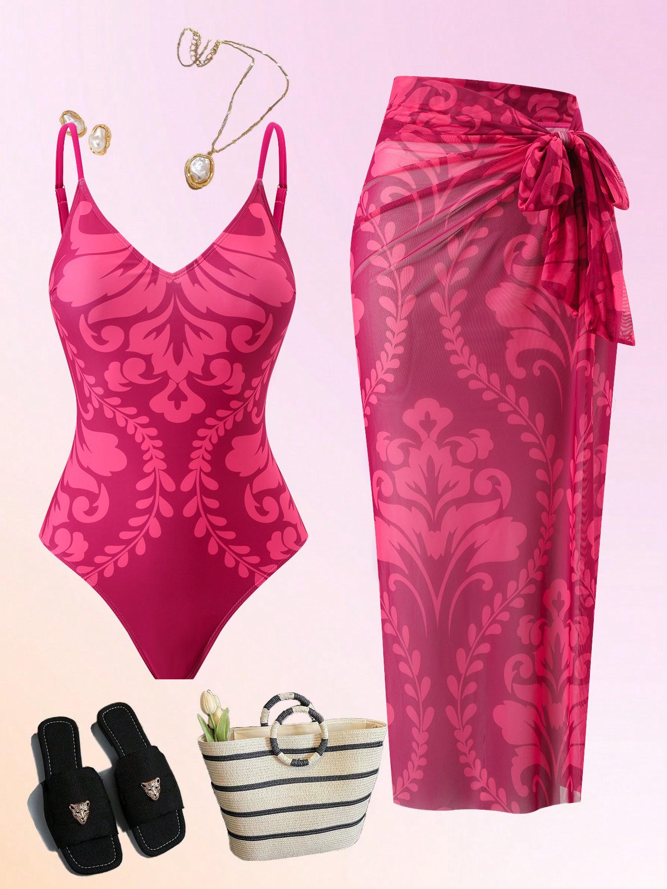 (image for) Women Rose Pink Baroque Print One Piece Swimsuit with Sheer Maxi Cover Up Skirt 2 Piece Luxury Beach Swimwear