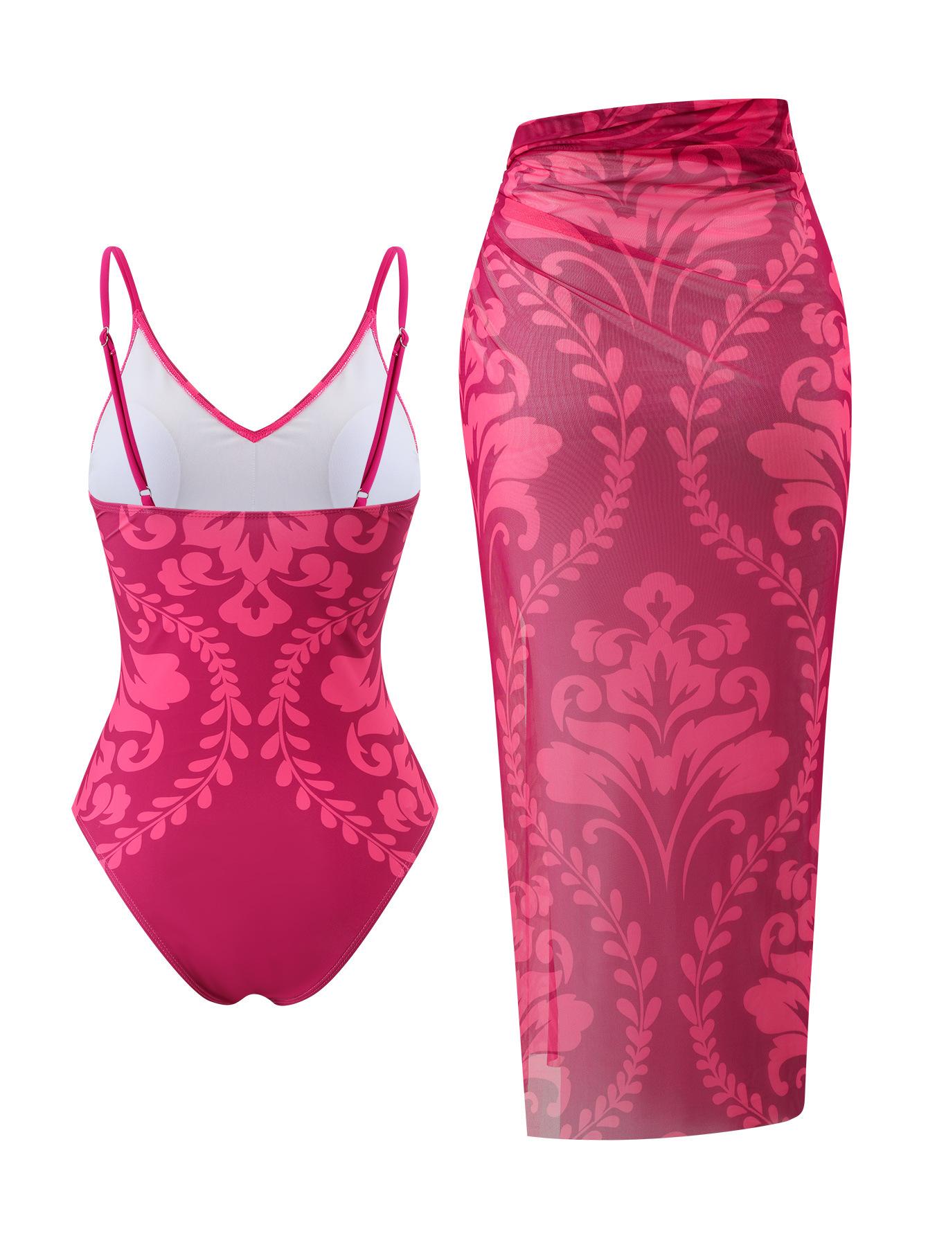 (image for) Women Rose Pink Baroque Print One Piece Swimsuit with Sheer Maxi Cover Up Skirt 2 Piece Luxury Beach Swimwear