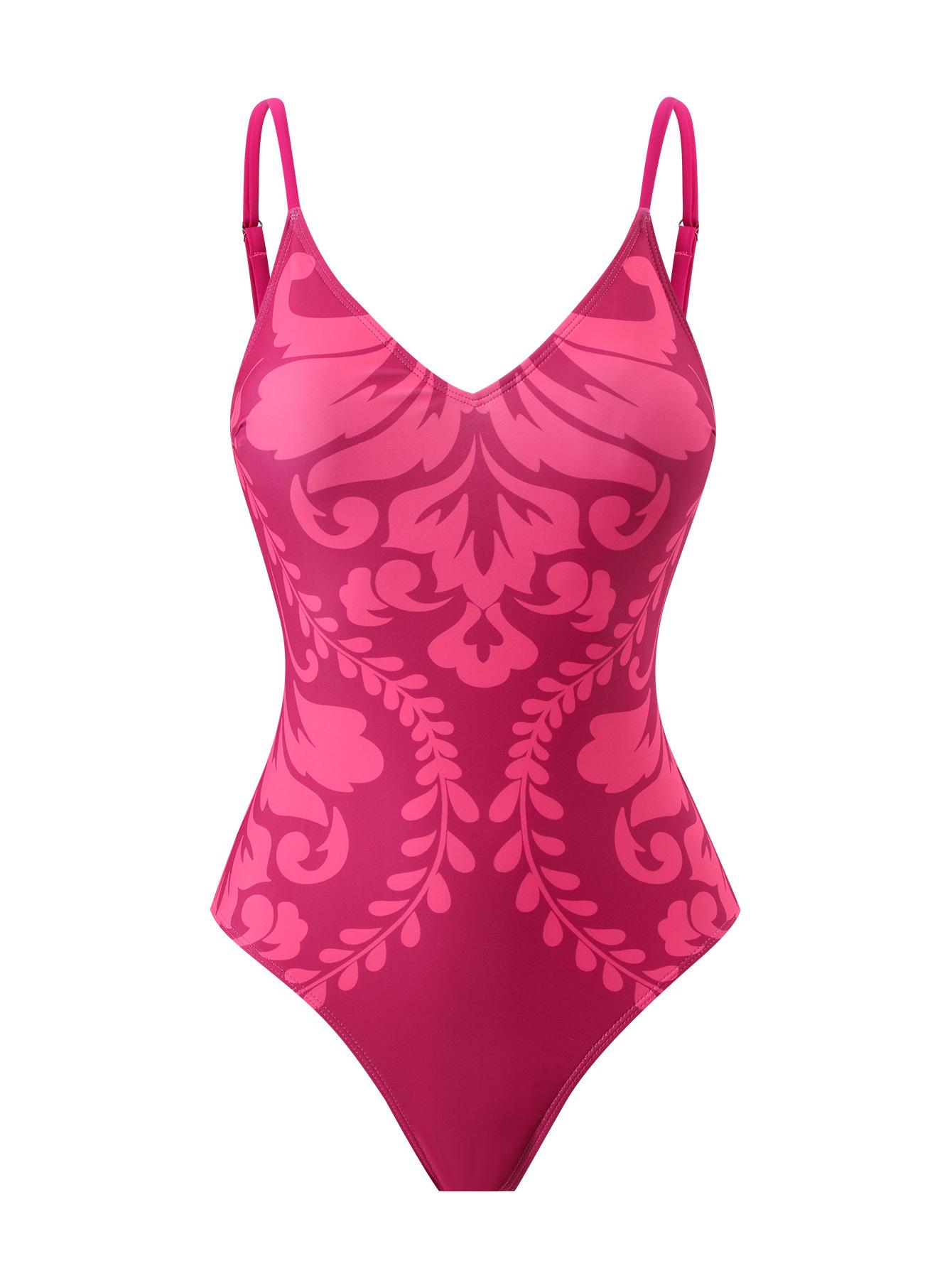(image for) Women Rose Pink Baroque Print One Piece Swimsuit with Sheer Maxi Cover Up Skirt 2 Piece Luxury Beach Swimwear
