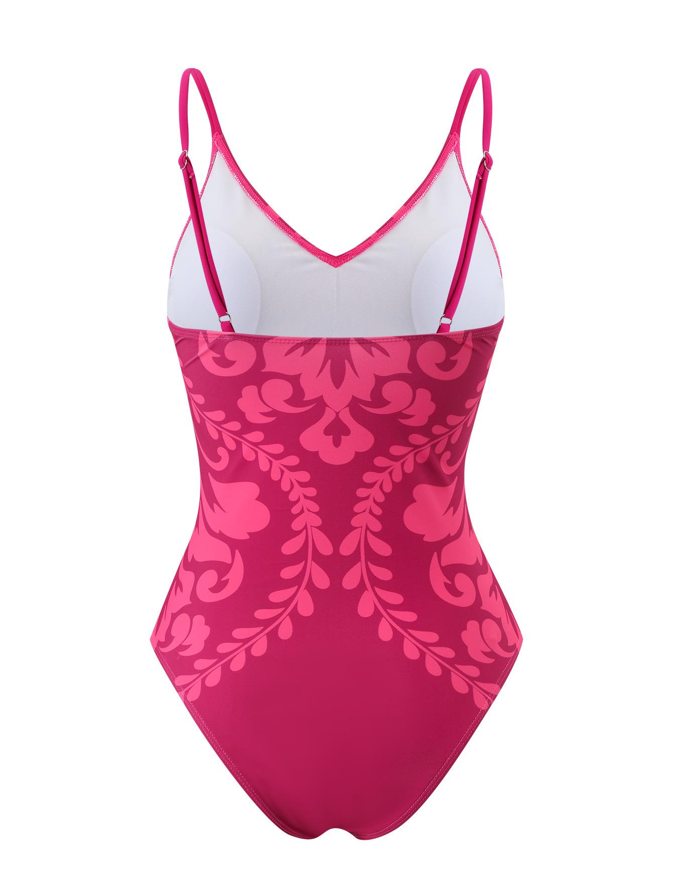 (image for) Women Rose Pink Baroque Print One Piece Swimsuit with Sheer Maxi Cover Up Skirt 2 Piece Luxury Beach Swimwear