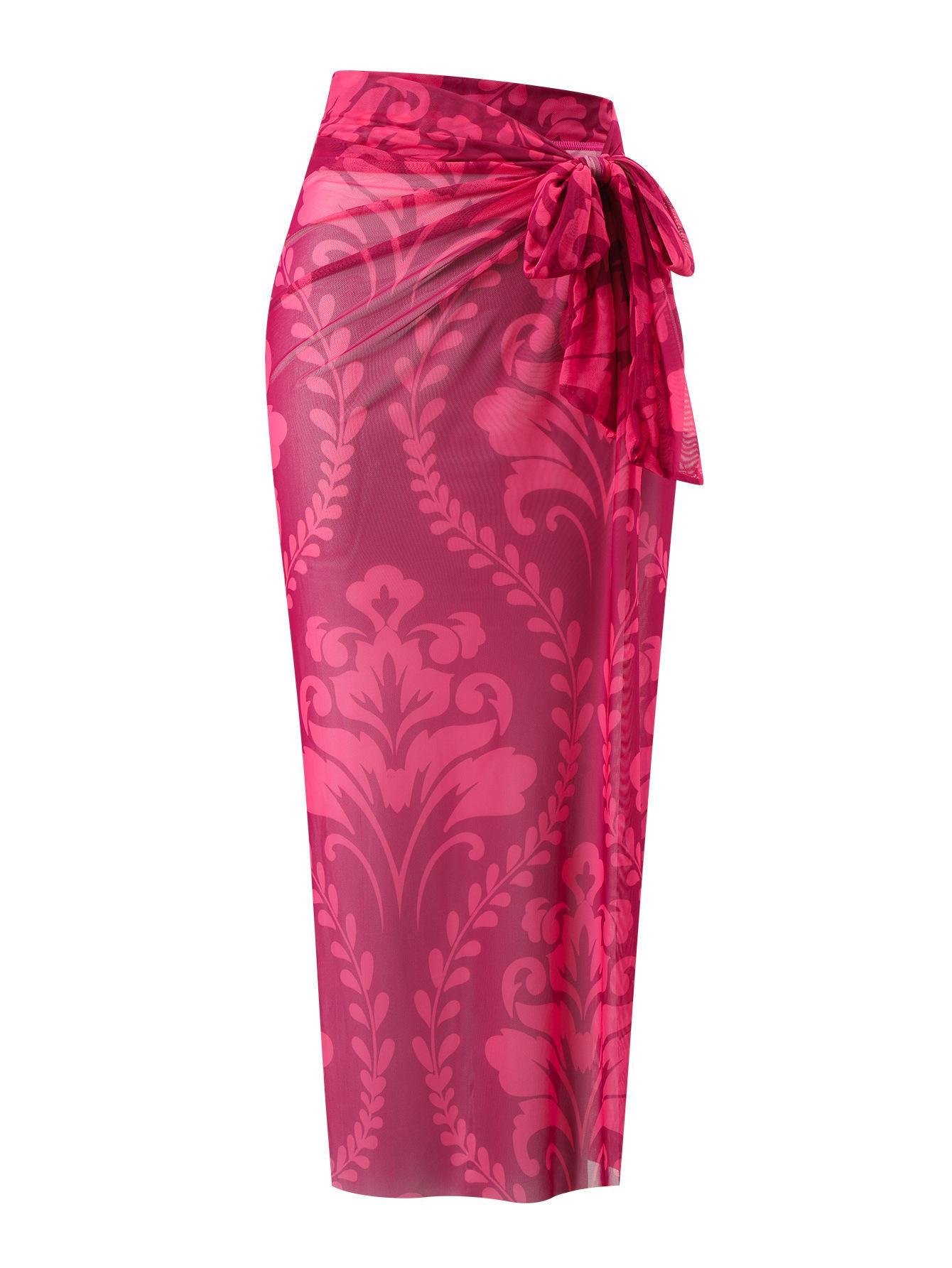 (image for) Women Rose Pink Baroque Print One Piece Swimsuit with Sheer Maxi Cover Up Skirt 2 Piece Luxury Beach Swimwear