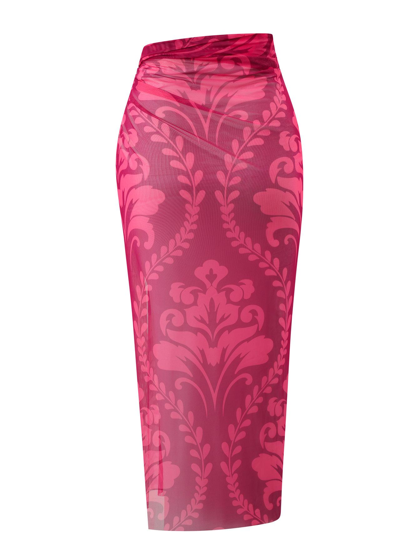 (image for) Women Rose Pink Baroque Print One Piece Swimsuit with Sheer Maxi Cover Up Skirt 2 Piece Luxury Beach Swimwear