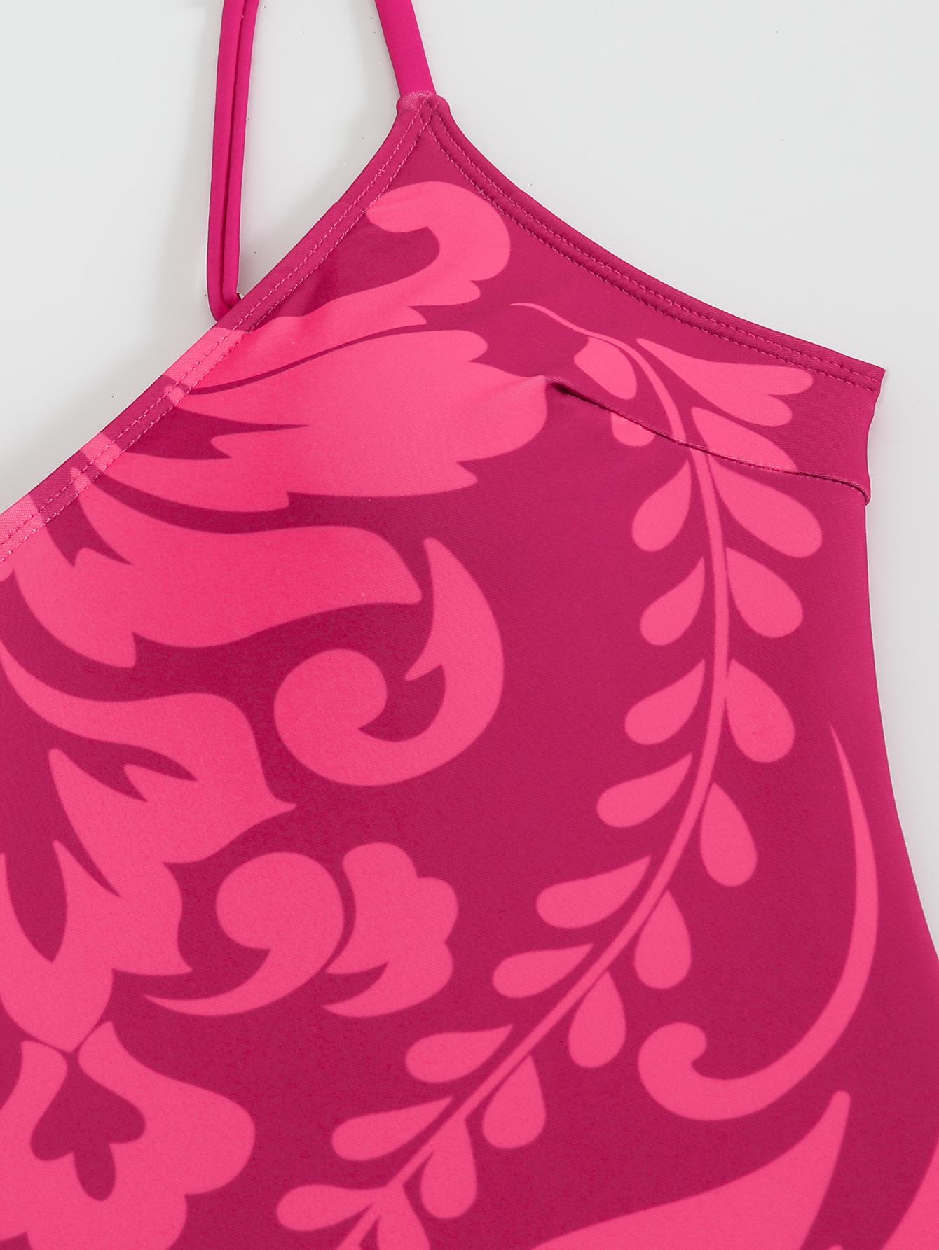(image for) Women Rose Pink Baroque Print One Piece Swimsuit with Sheer Maxi Cover Up Skirt 2 Piece Luxury Beach Swimwear