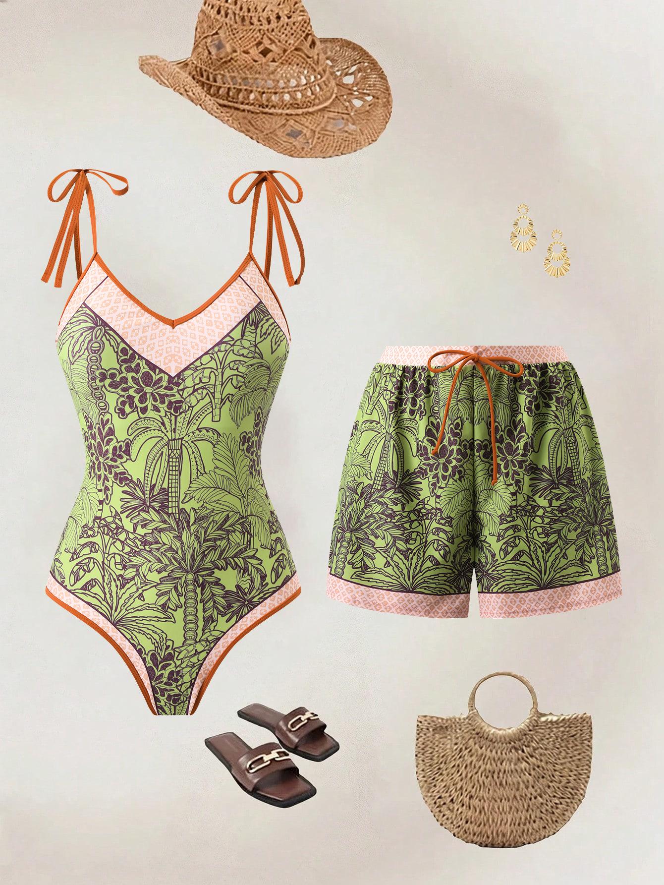 Women Green Palm Tree Print One Piece Swimsuit with Shorts 2 Piece Swimwear (image for) Women Green Palm Tree Print One Piece Swimsuit with Shorts 2 Piece Swimwear
