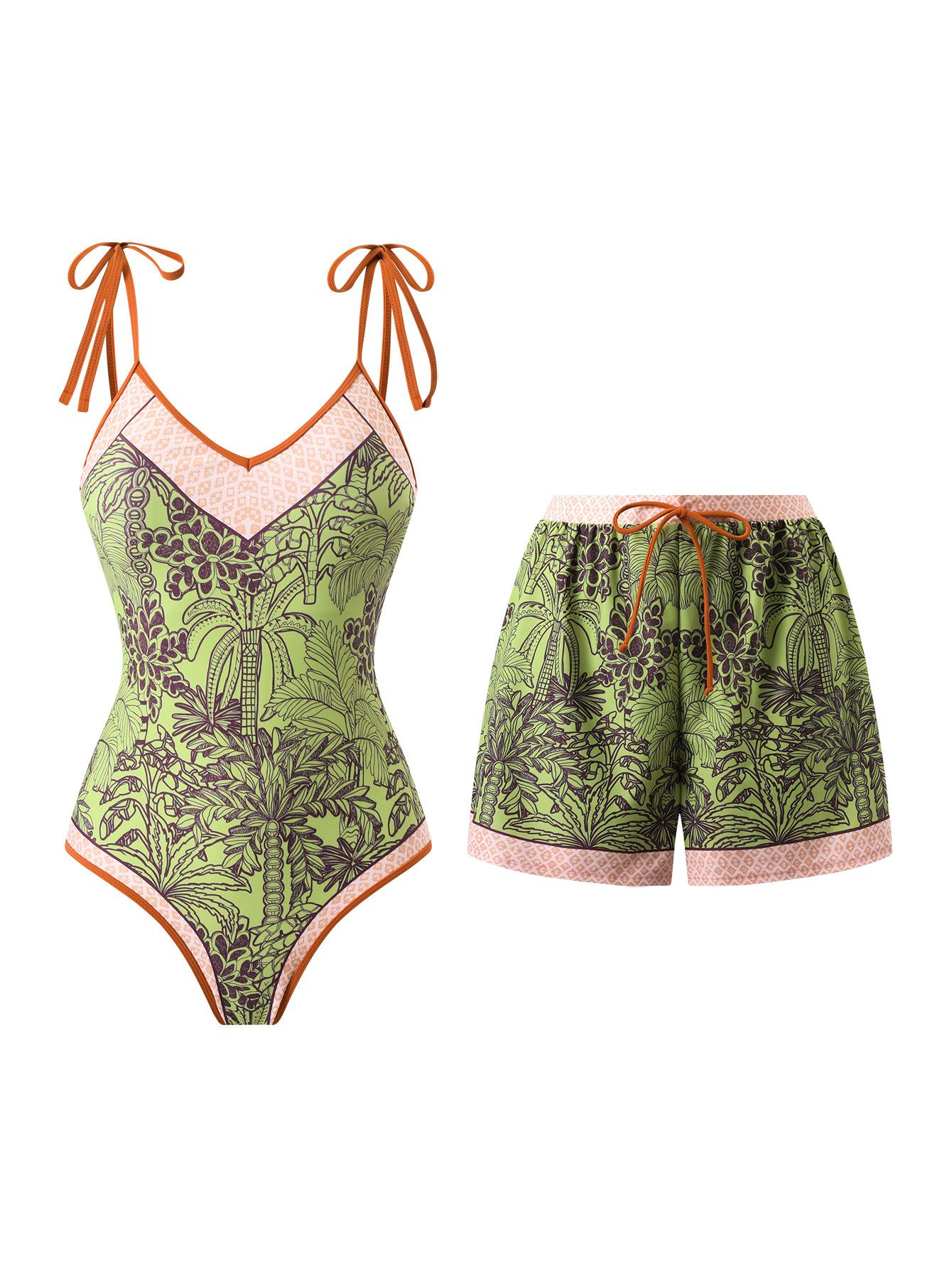 (image for) Women Green Palm Tree Print One Piece Swimsuit with Shorts 2 Piece Swimwear