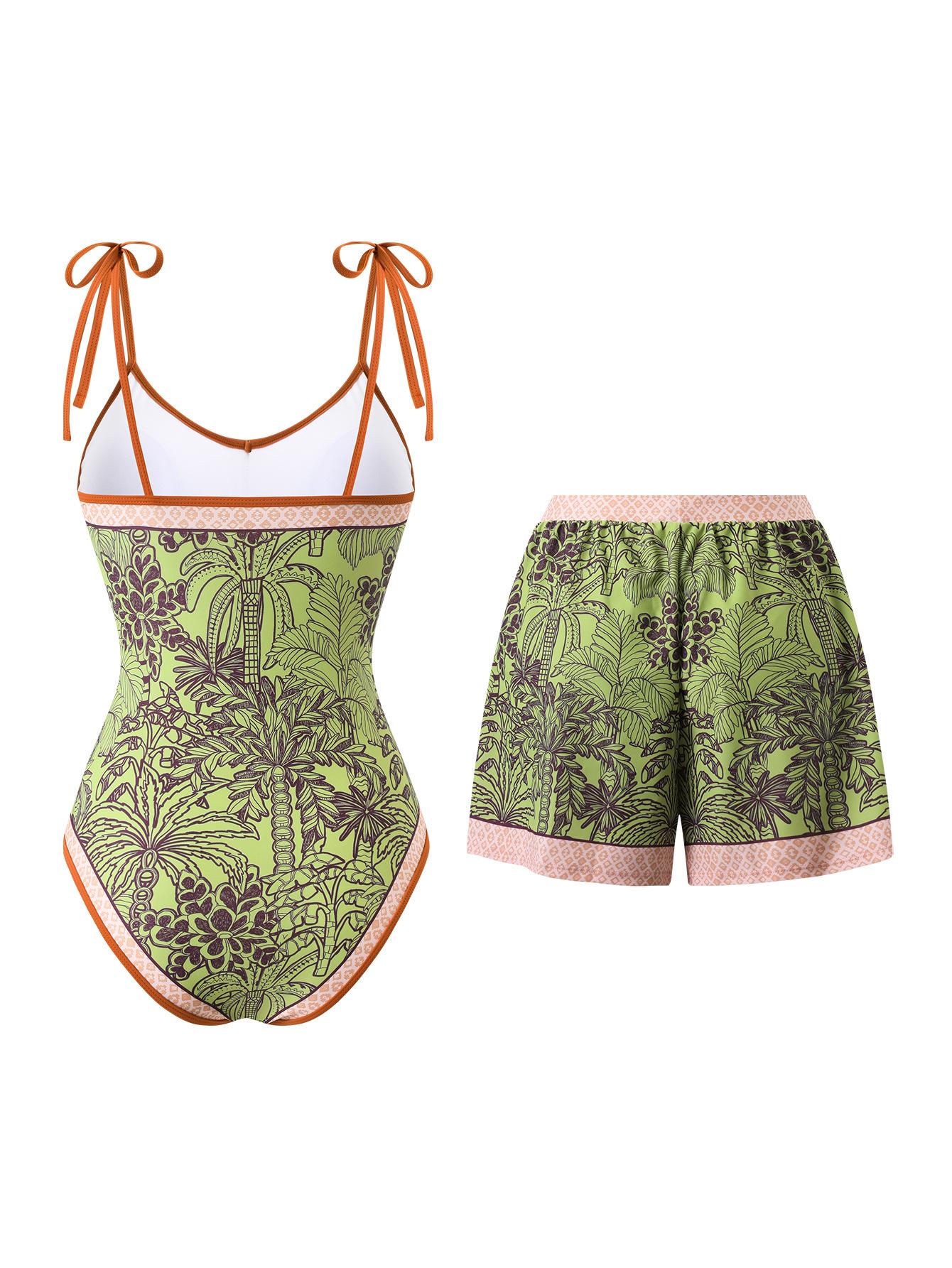 (image for) Women Green Palm Tree Print One Piece Swimsuit with Shorts 2 Piece Swimwear