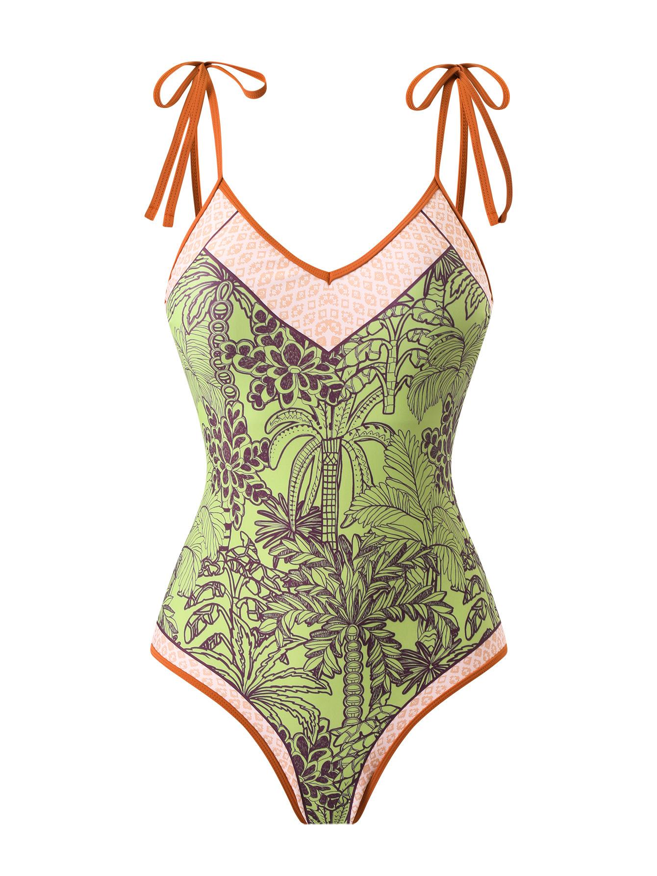(image for) Women Green Palm Tree Print One Piece Swimsuit with Shorts 2 Piece Swimwear