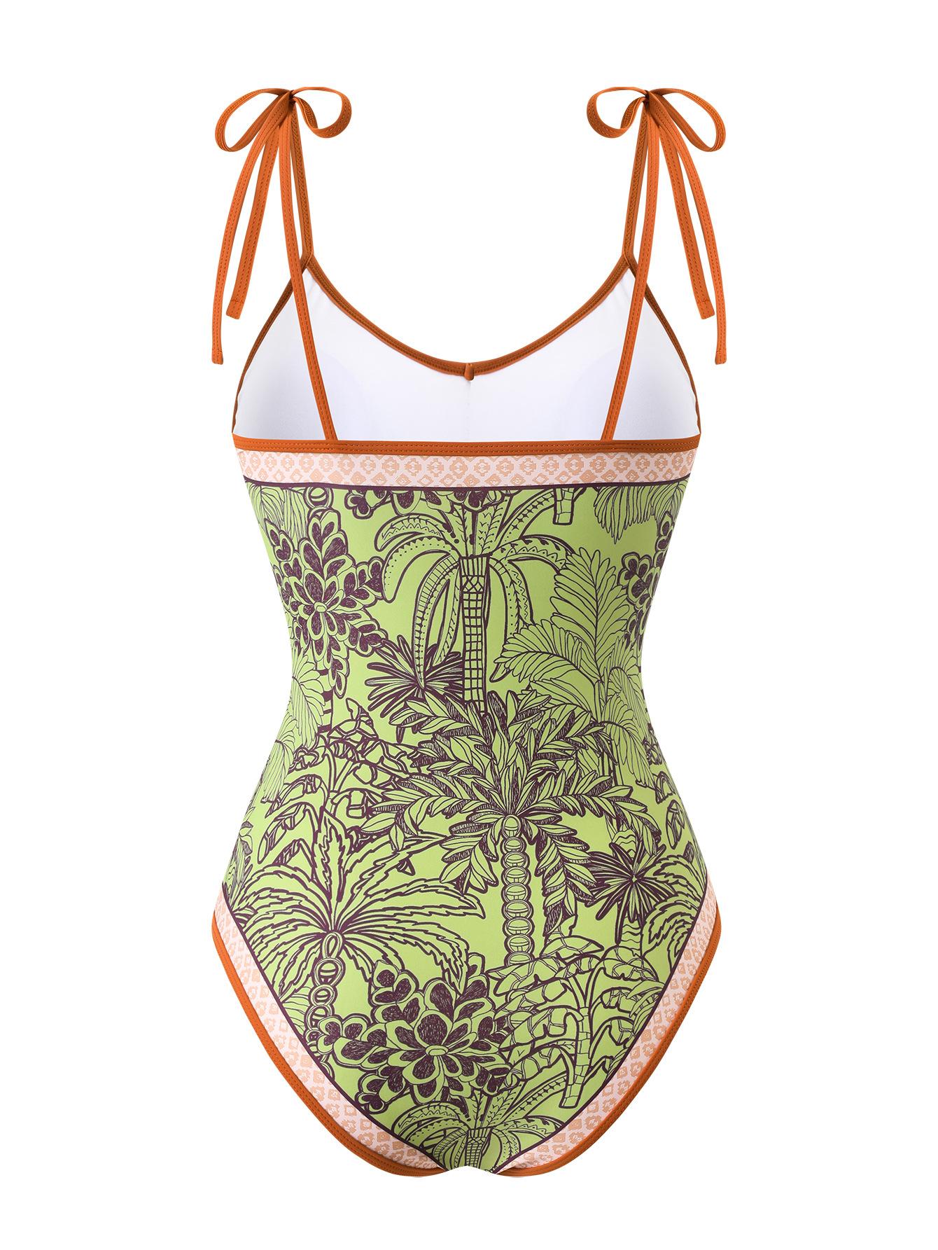 (image for) Women Green Palm Tree Print One Piece Swimsuit with Shorts 2 Piece Swimwear