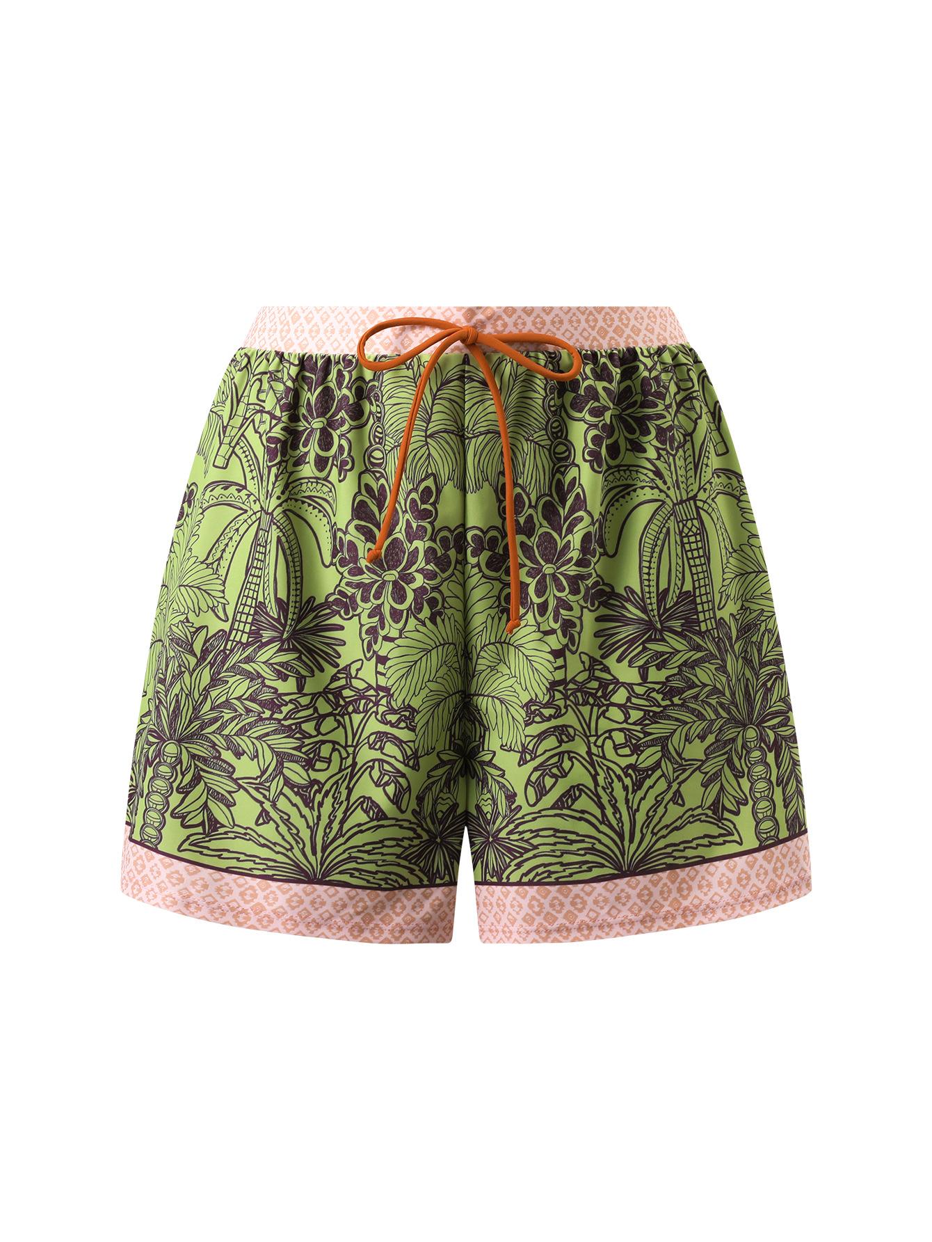 (image for) Women Green Palm Tree Print One Piece Swimsuit with Shorts 2 Piece Swimwear