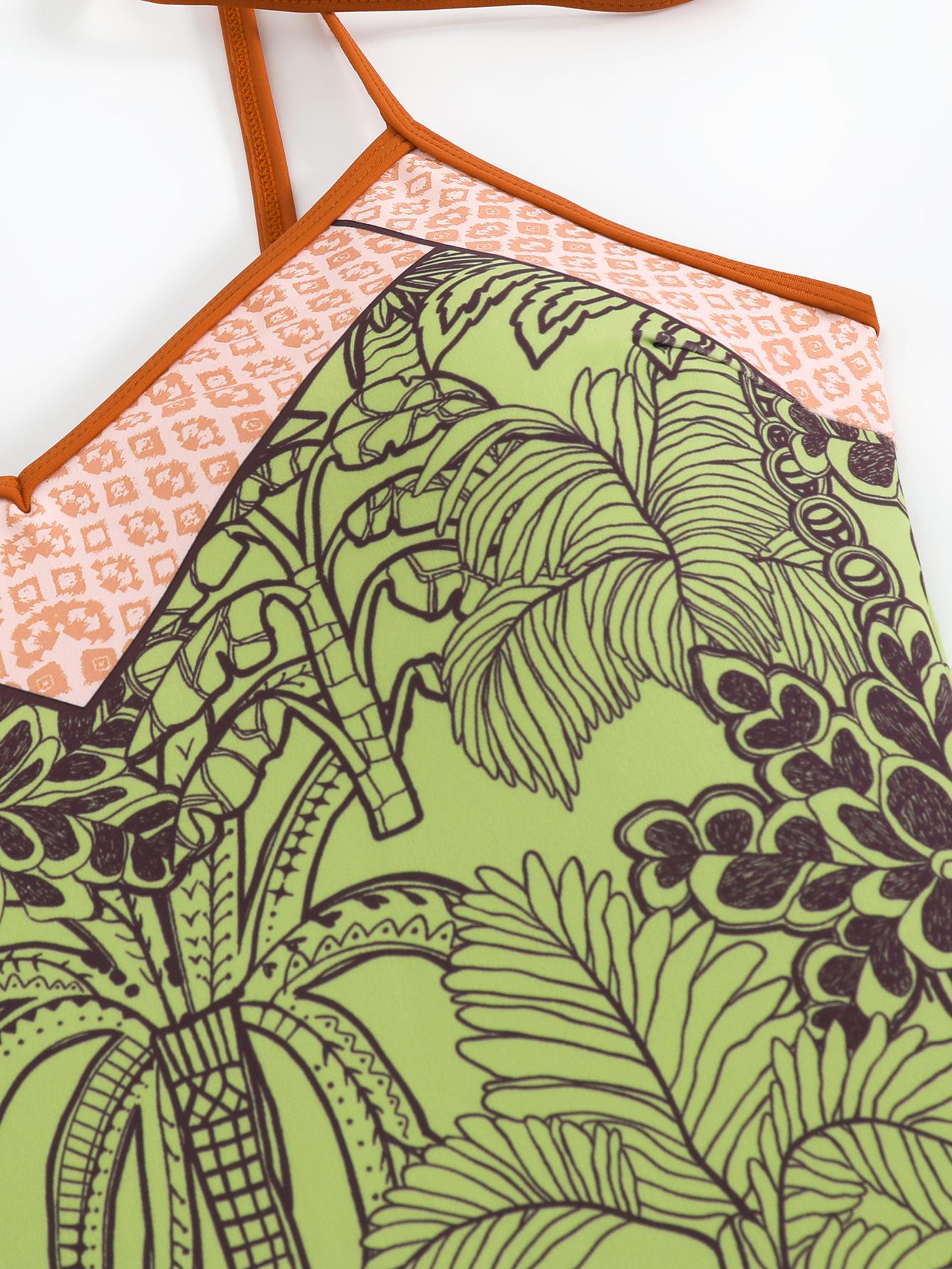 (image for) Women Green Palm Tree Print One Piece Swimsuit with Shorts 2 Piece Swimwear