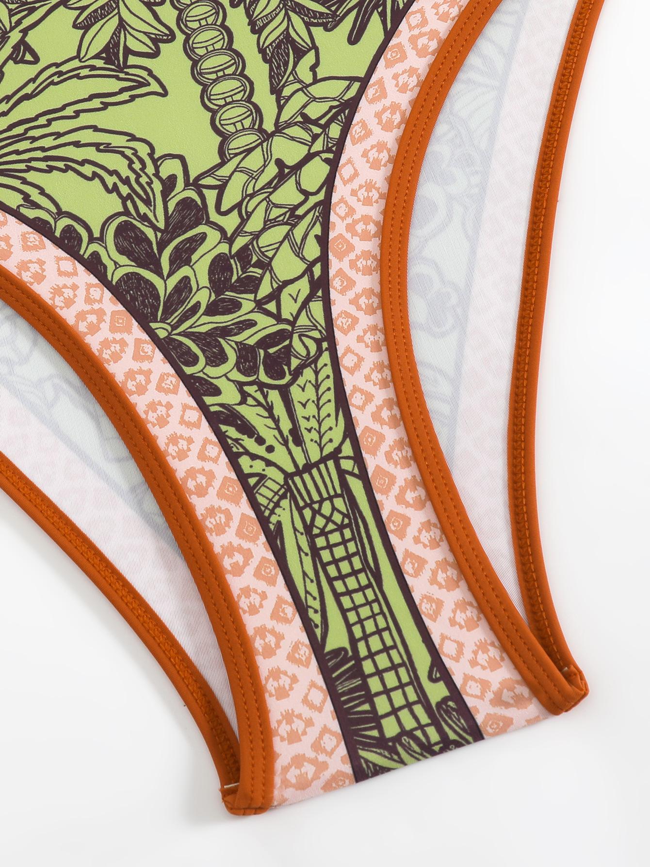 (image for) Women Green Palm Tree Print One Piece Swimsuit with Shorts 2 Piece Swimwear