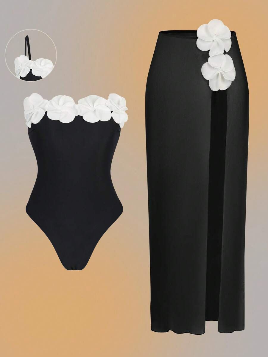 (image for) Women Black White Contrast 3D Floral Bandeau One Piece Swimsuit with High Slit Maxi Skirt 2 Piece Luxury Beach Resort Swimwear Set