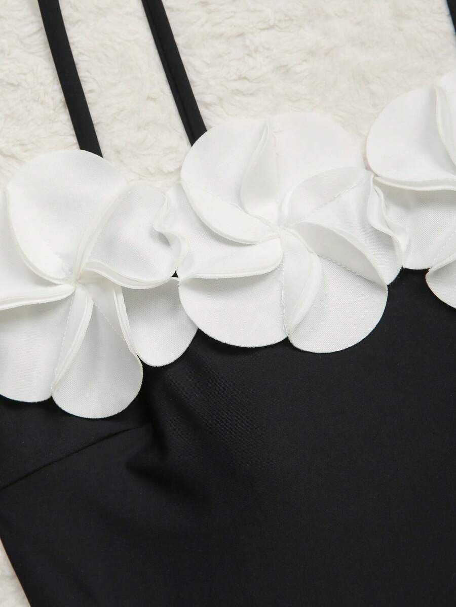 (image for) Women Black White Contrast 3D Floral Bandeau One Piece Swimsuit with High Slit Maxi Skirt 2 Piece Luxury Beach Resort Swimwear Set