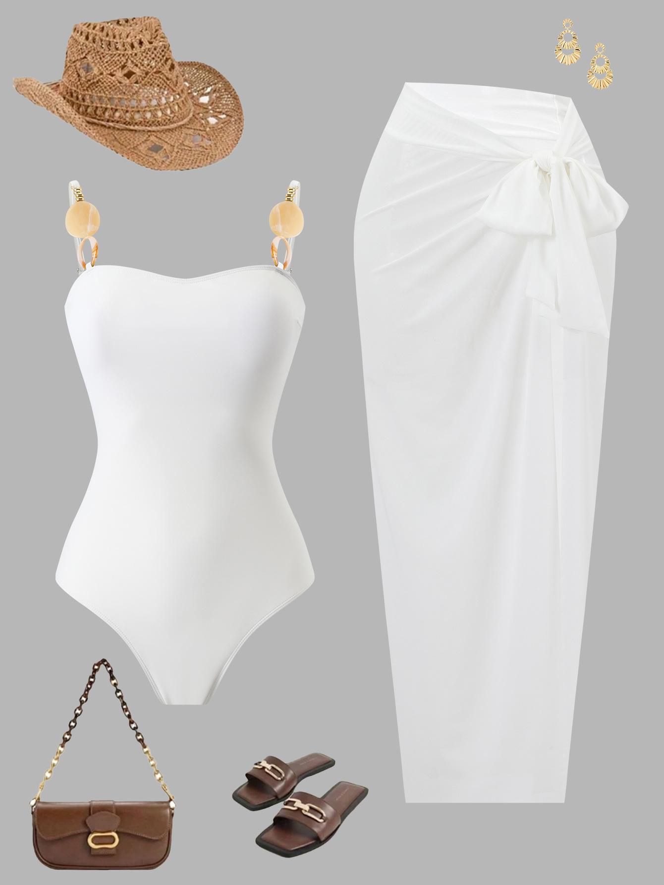 Women White One Piece Swimsuit with Wrap Maxi Skirt 2 Piece Modest Swimwear (image for) Women White One Piece Swimsuit with Wrap Maxi Skirt 2 Piece Modest Swimwear