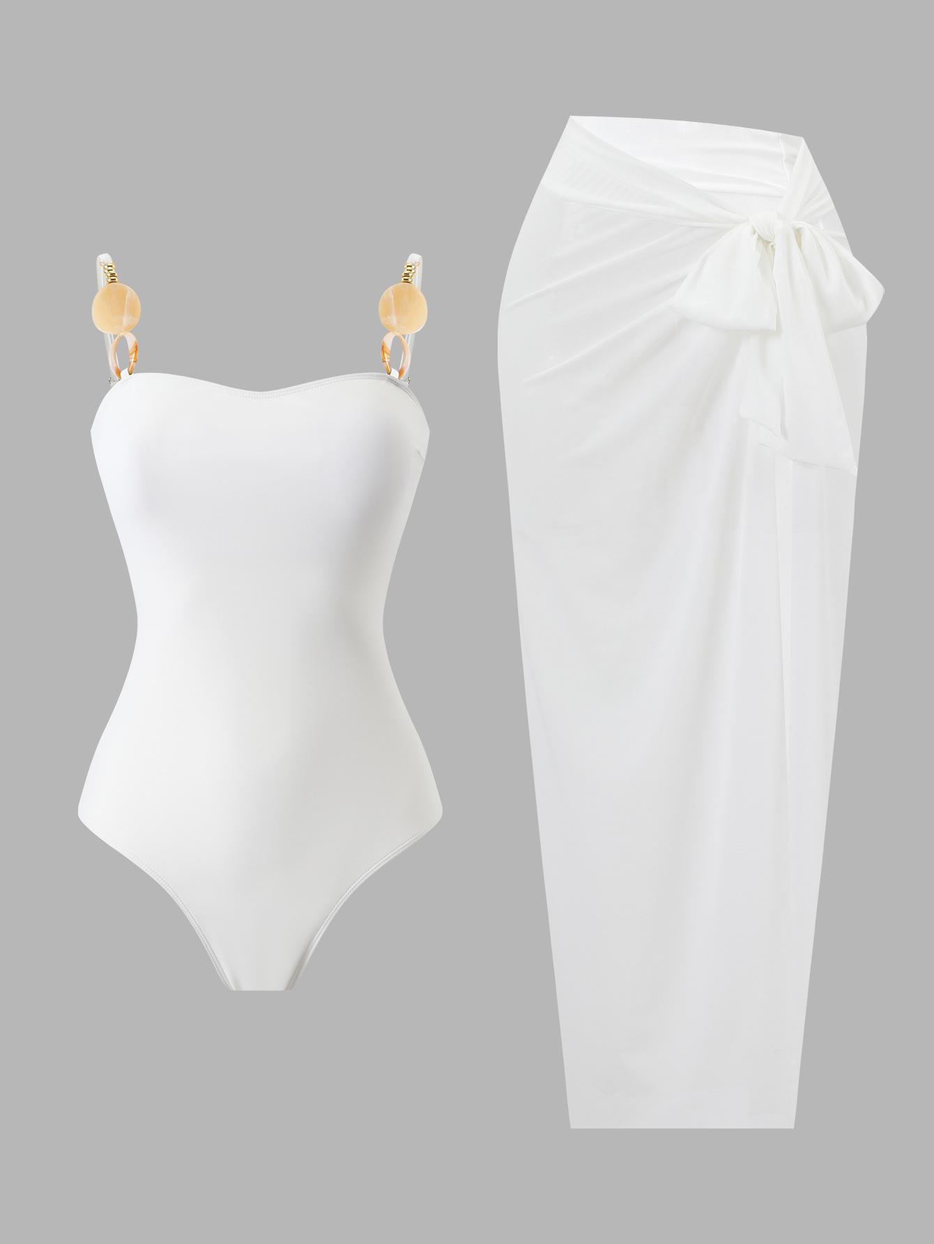 (image for) Women White One Piece Swimsuit with Wrap Maxi Skirt 2 Piece Modest Swimwear