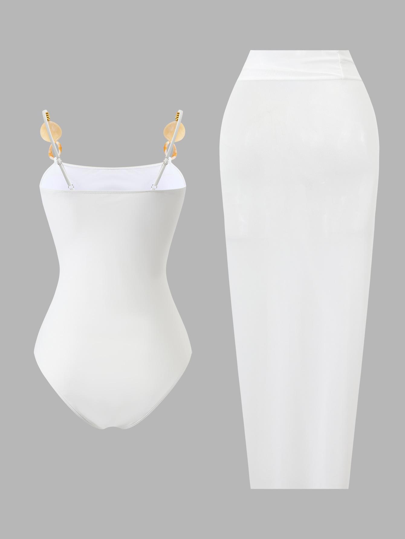 (image for) Women White One Piece Swimsuit with Wrap Maxi Skirt 2 Piece Modest Swimwear