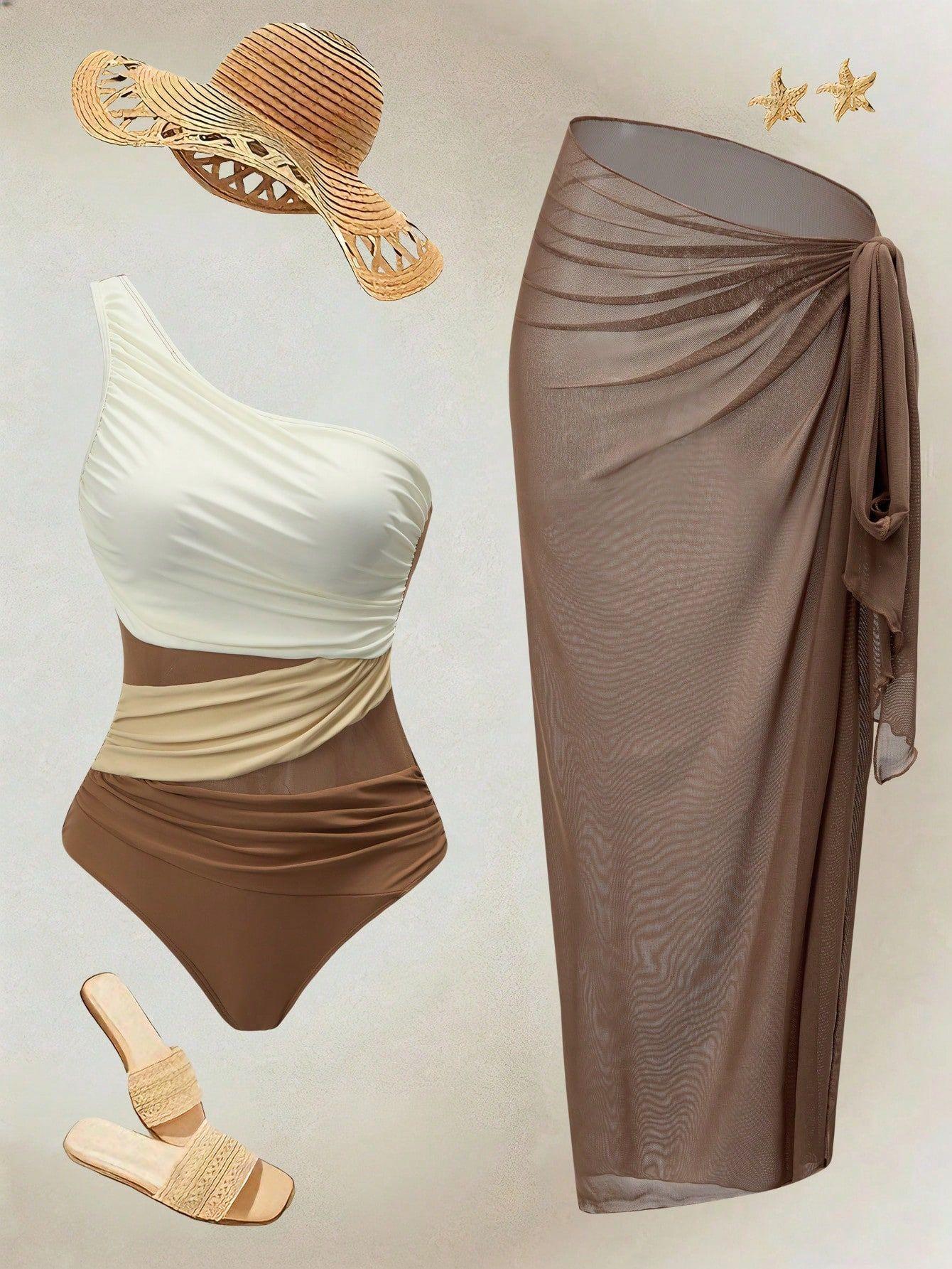 (image for) Women Brown White Color Block One Shoulder One Piece Swimsuit with Sheer Maxi Wrap Skirt 2 Piece Ruched Tummy Control Elegant Beach Vacation Resort Swimwear