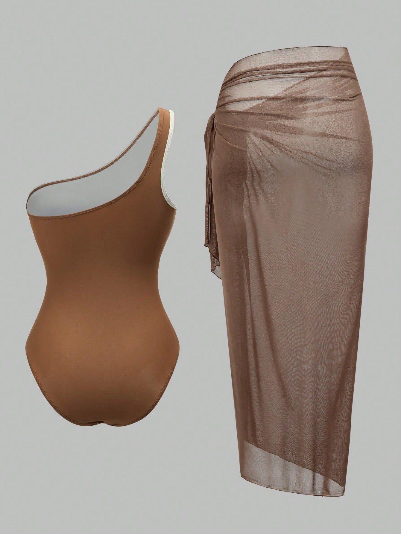 (image for) Women Brown White Color Block One Shoulder One Piece Swimsuit with Sheer Maxi Wrap Skirt 2 Piece Ruched Tummy Control Elegant Beach Vacation Resort Swimwear