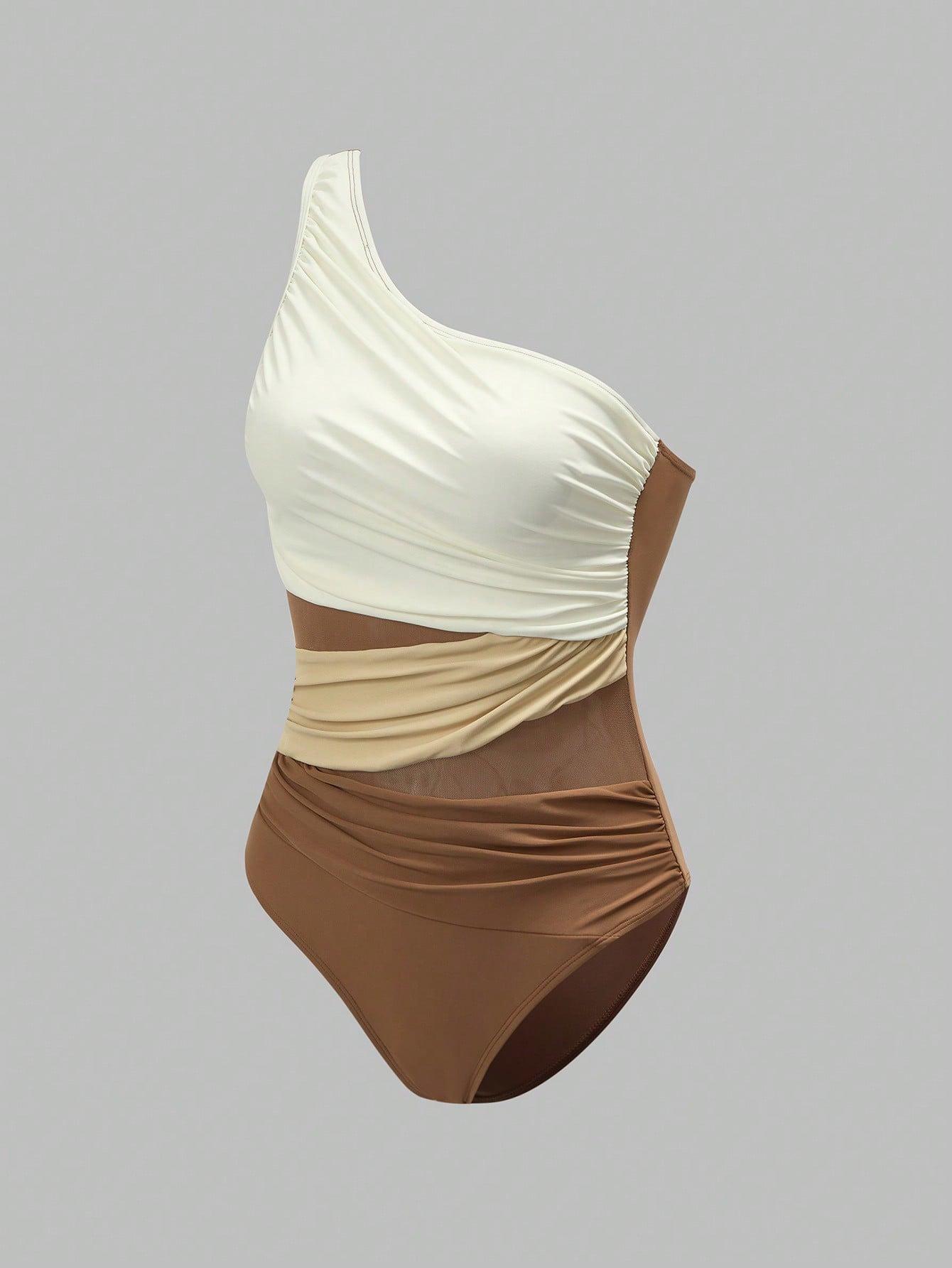 (image for) Women Brown White Color Block One Shoulder One Piece Swimsuit with Sheer Maxi Wrap Skirt 2 Piece Ruched Tummy Control Elegant Beach Vacation Resort Swimwear