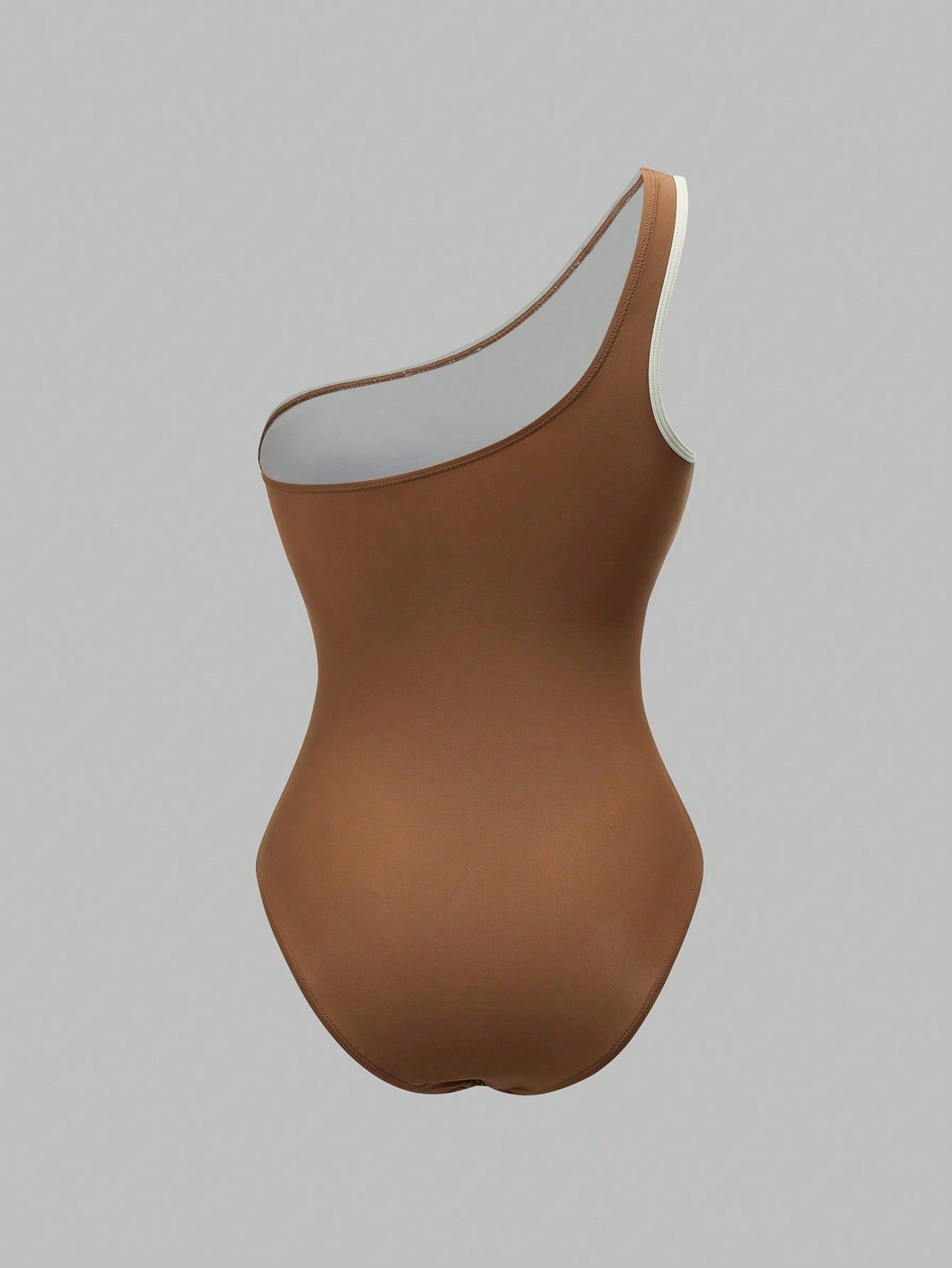 (image for) Women Brown White Color Block One Shoulder One Piece Swimsuit with Sheer Maxi Wrap Skirt 2 Piece Ruched Tummy Control Elegant Beach Vacation Resort Swimwear