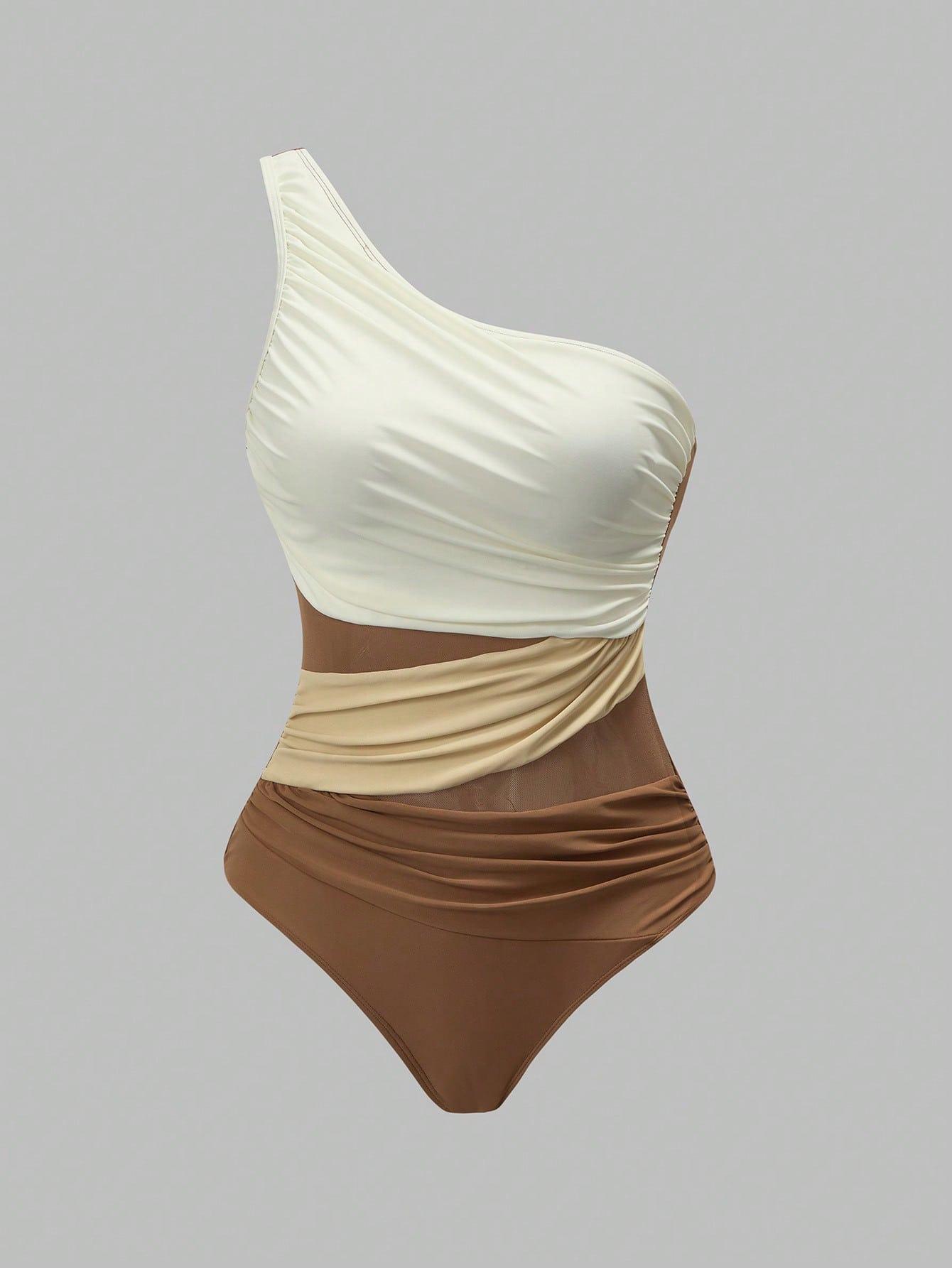 (image for) Women Brown White Color Block One Shoulder One Piece Swimsuit with Sheer Maxi Wrap Skirt 2 Piece Ruched Tummy Control Elegant Beach Vacation Resort Swimwear