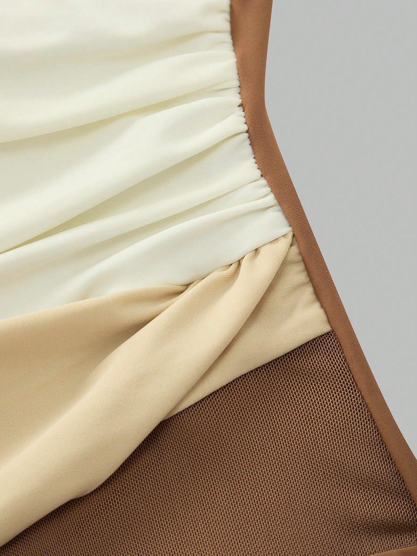 (image for) Women Brown White Color Block One Shoulder One Piece Swimsuit with Sheer Maxi Wrap Skirt 2 Piece Ruched Tummy Control Elegant Beach Vacation Resort Swimwear