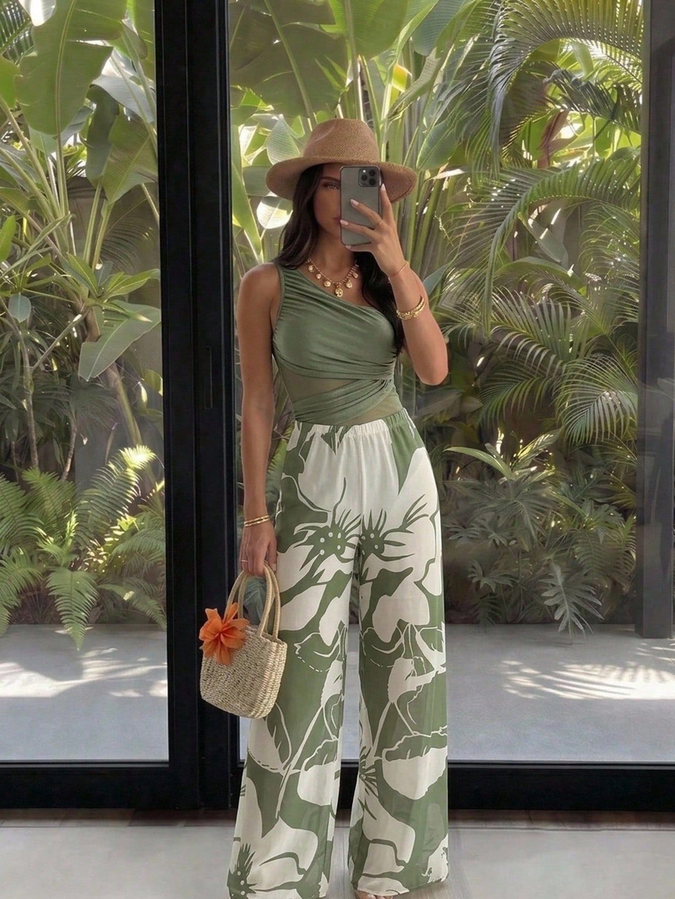 Women Green One Shoulder One Piece Swimsuit with Tropical Botanical Print Wide Leg Pants 2 Piece Tummy Control Fashion Spring Summer Beach Vacation Swimwear Set