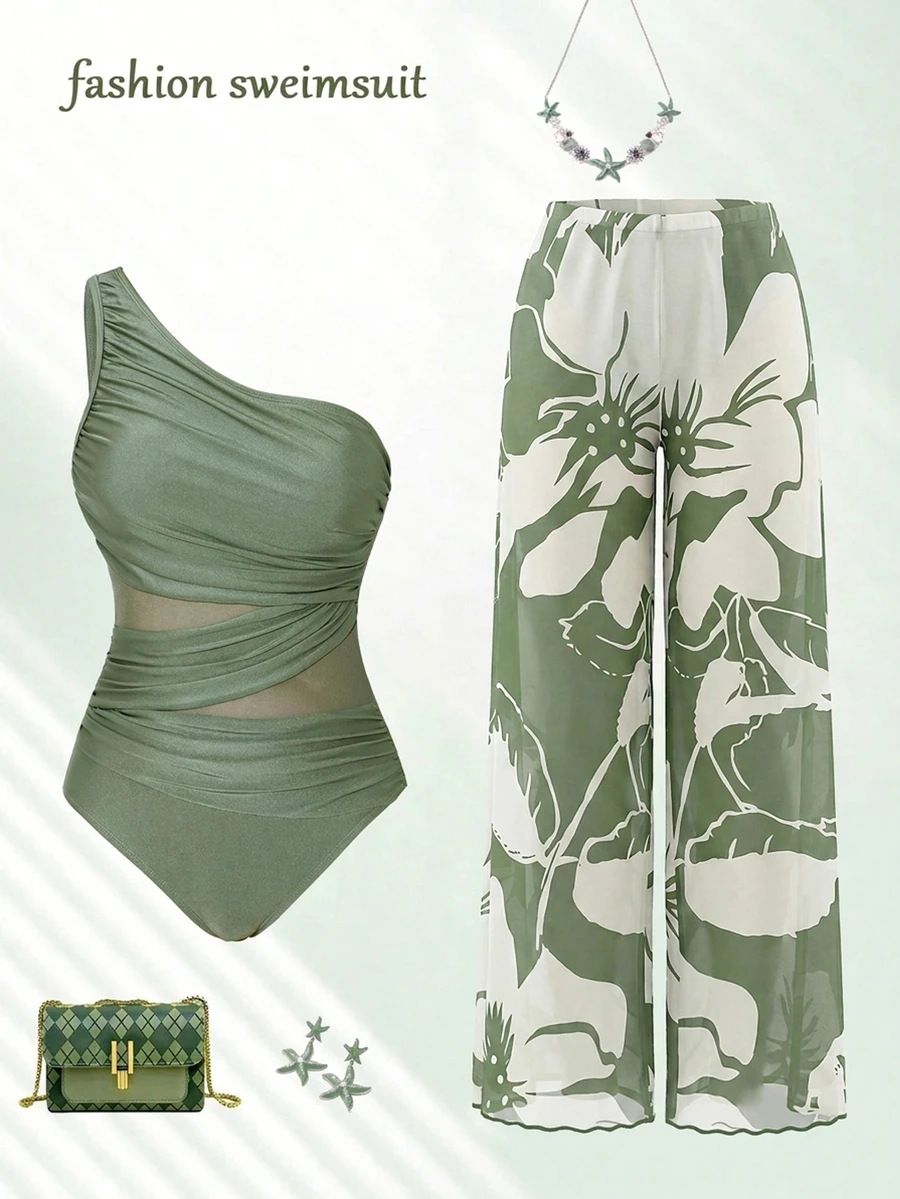 (image for) Women Green One Shoulder One Piece Swimsuit with Tropical Botanical Print Wide Leg Pants 2 Piece Tummy Control Fashion Spring Summer Beach Vacation Swimwear Set