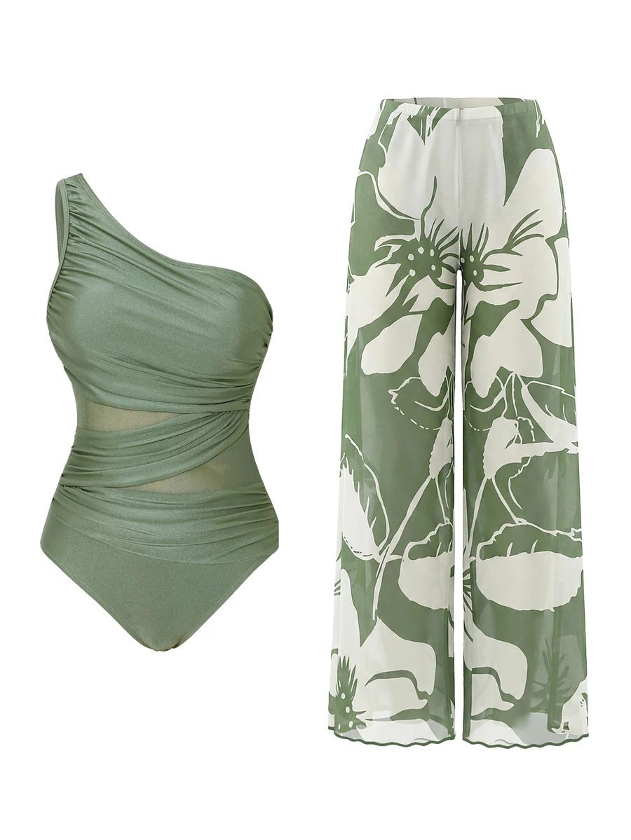 (image for) Women Green One Shoulder One Piece Swimsuit with Tropical Botanical Print Wide Leg Pants 2 Piece Tummy Control Fashion Spring Summer Beach Vacation Swimwear Set