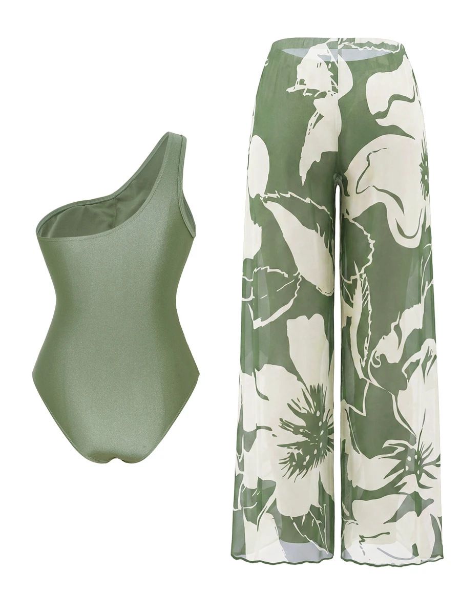 (image for) Women Green One Shoulder One Piece Swimsuit with Tropical Botanical Print Wide Leg Pants 2 Piece Tummy Control Fashion Spring Summer Beach Vacation Swimwear Set