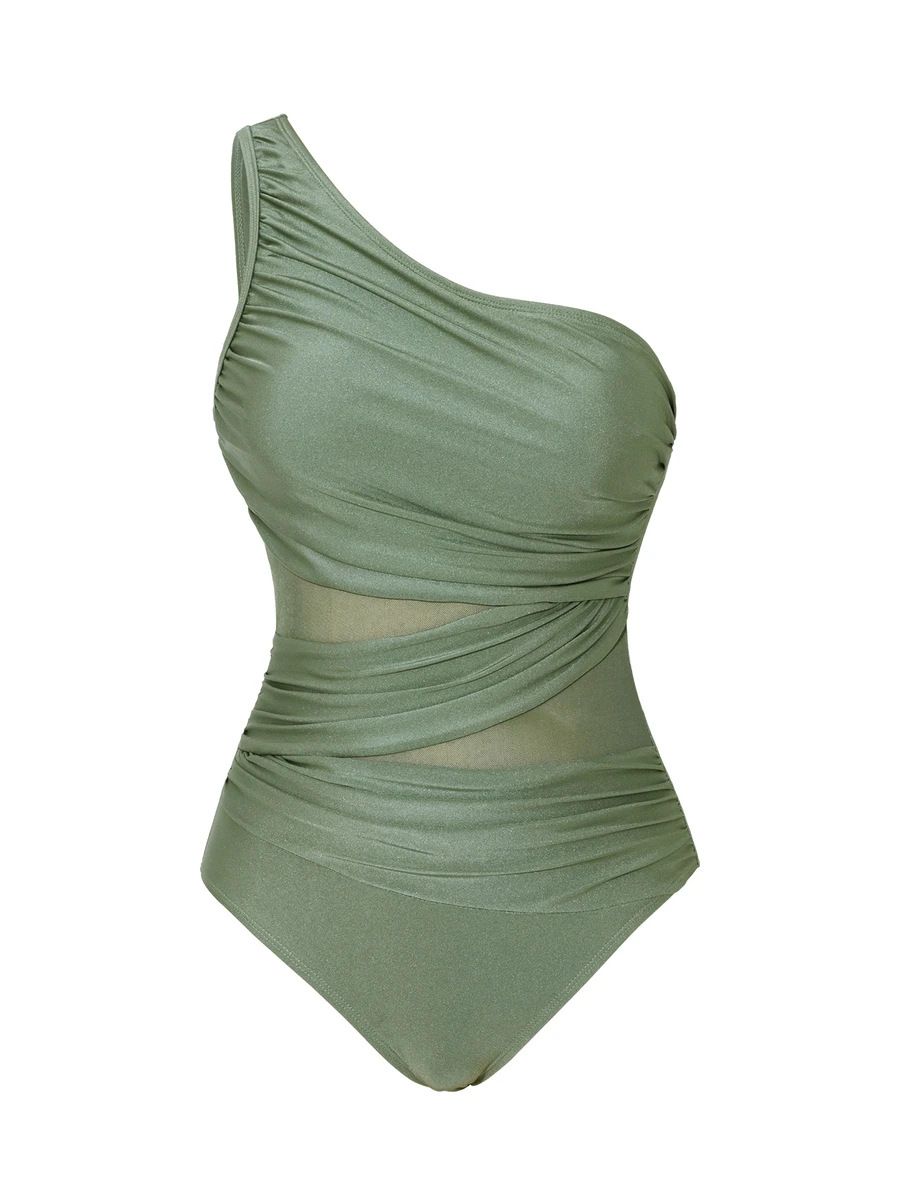 (image for) Women Green One Shoulder One Piece Swimsuit with Tropical Botanical Print Wide Leg Pants 2 Piece Tummy Control Fashion Spring Summer Beach Vacation Swimwear Set