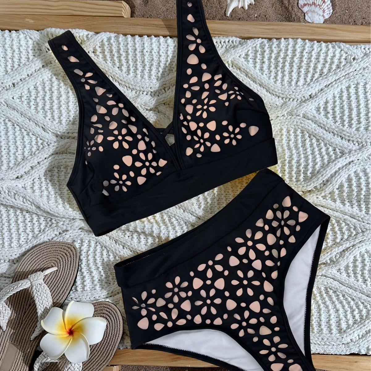 (image for) Women's 2026 Solid Floral Cutout High Waist Bikini Set V-Neck Wide Strap Top Padded No Underwire Sexy European Style Two Piece Swimsuit