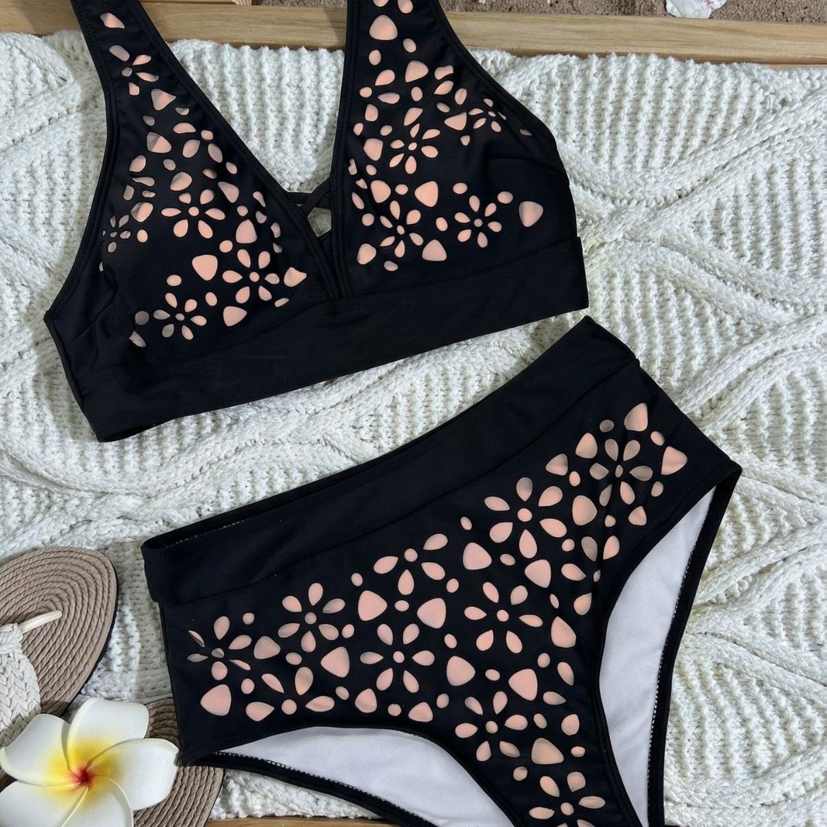 (image for) Women's 2026 Solid Floral Cutout High Waist Bikini Set V-Neck Wide Strap Top Padded No Underwire Sexy European Style Two Piece Swimsuit